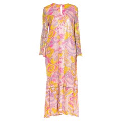 1960S Bubble Gum Pink Psychedelic Rayon Chiffon Fully Sequined Cocktail Dress W