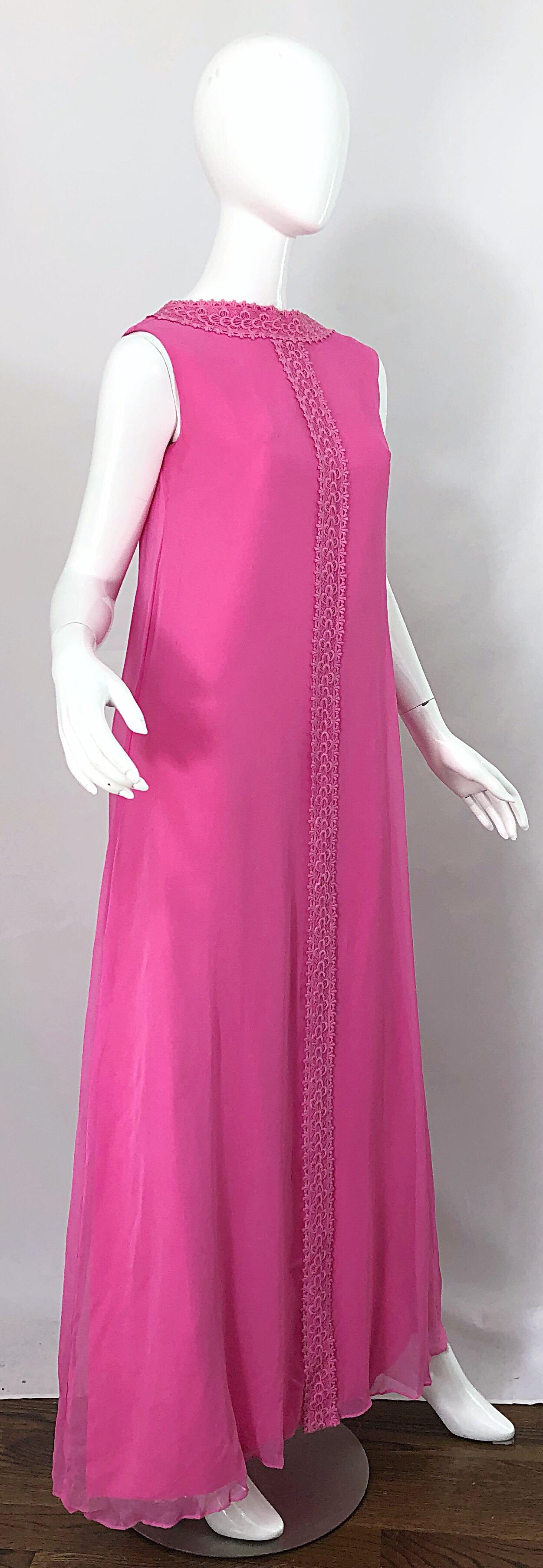 1960s Bubblegum Pink Silk Chiffon High Neck Demi Couture Vintage 60s Gown Dress For Sale 3