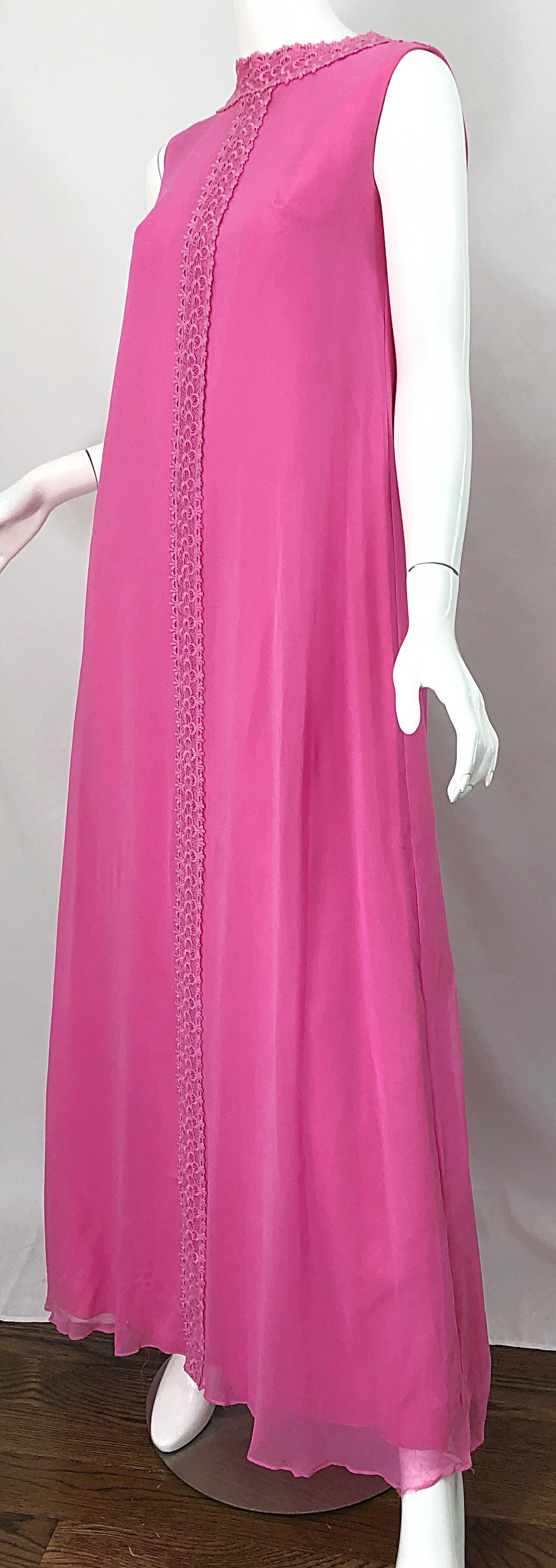 1960s Bubblegum Pink Silk Chiffon High Neck Demi Couture Vintage 60s Gown Dress For Sale 5
