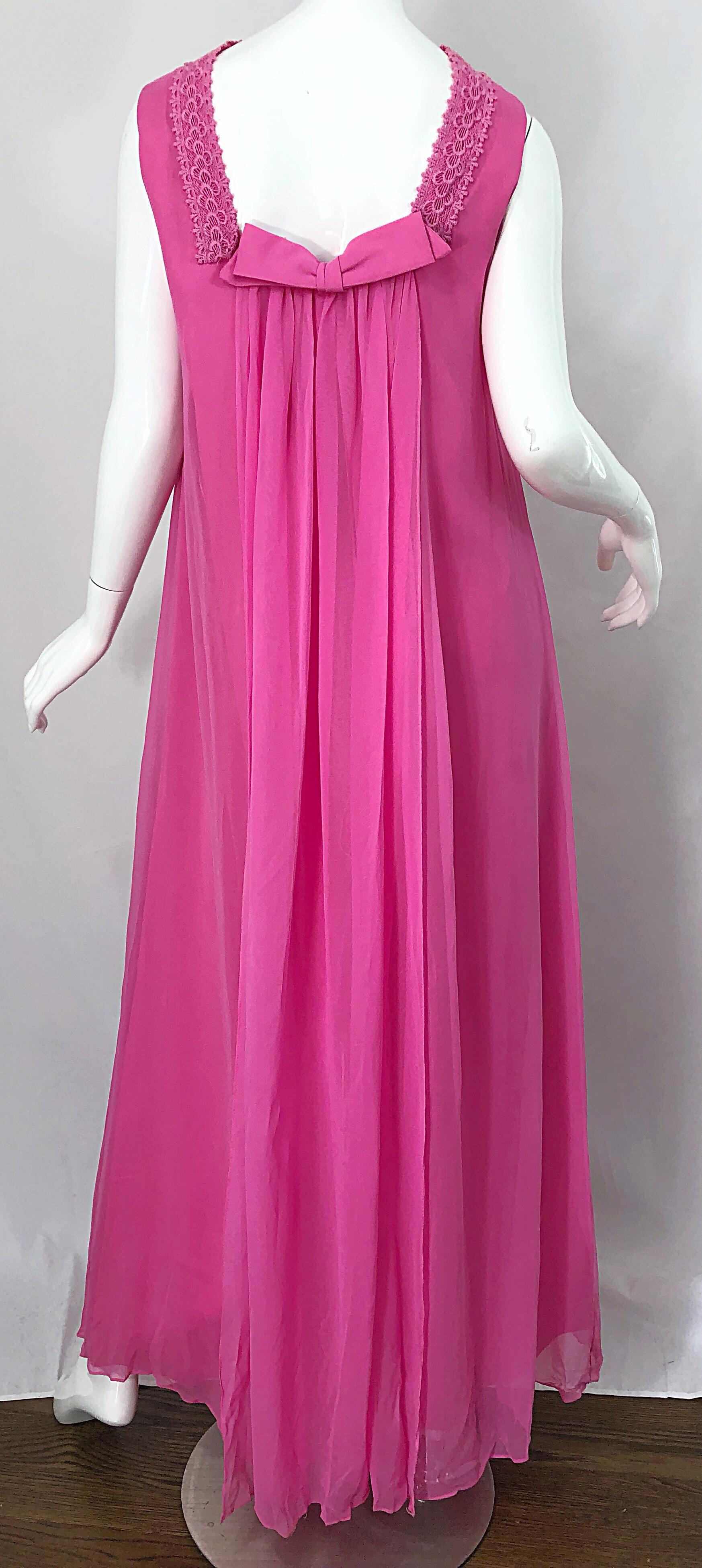 1960s Bubblegum Pink Silk Chiffon High Neck Demi Couture Vintage 60s Gown Dress For Sale 6