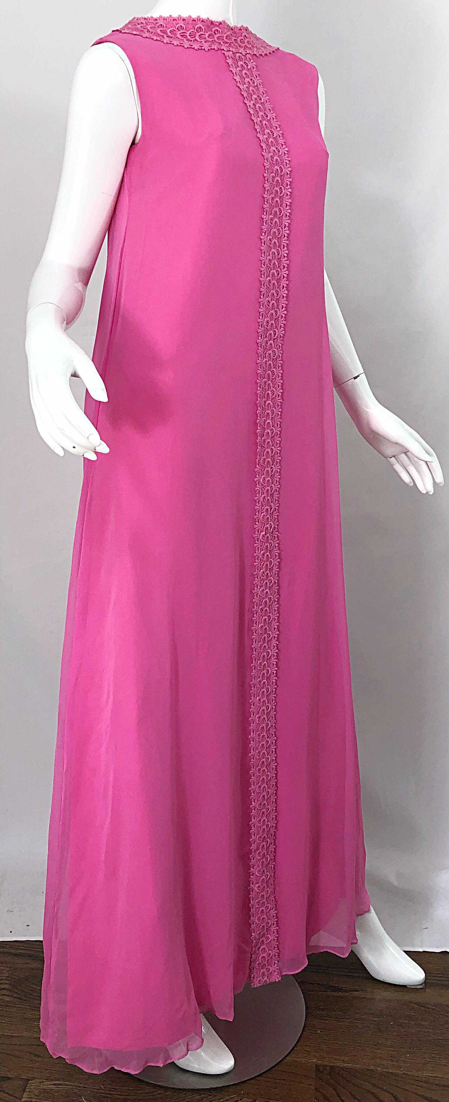 1960s Bubblegum Pink Silk Chiffon High Neck Demi Couture Vintage 60s Gown Dress For Sale 1