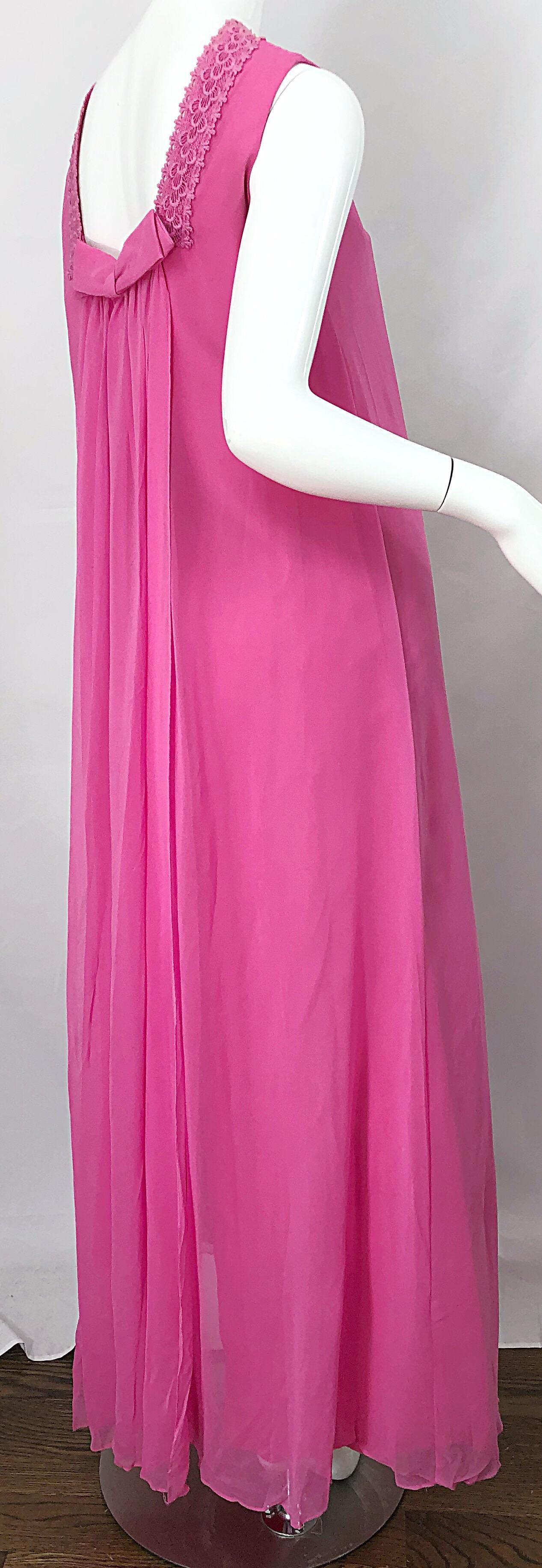 1960s Bubblegum Pink Silk Chiffon High Neck Demi Couture Vintage 60s Gown Dress For Sale 2
