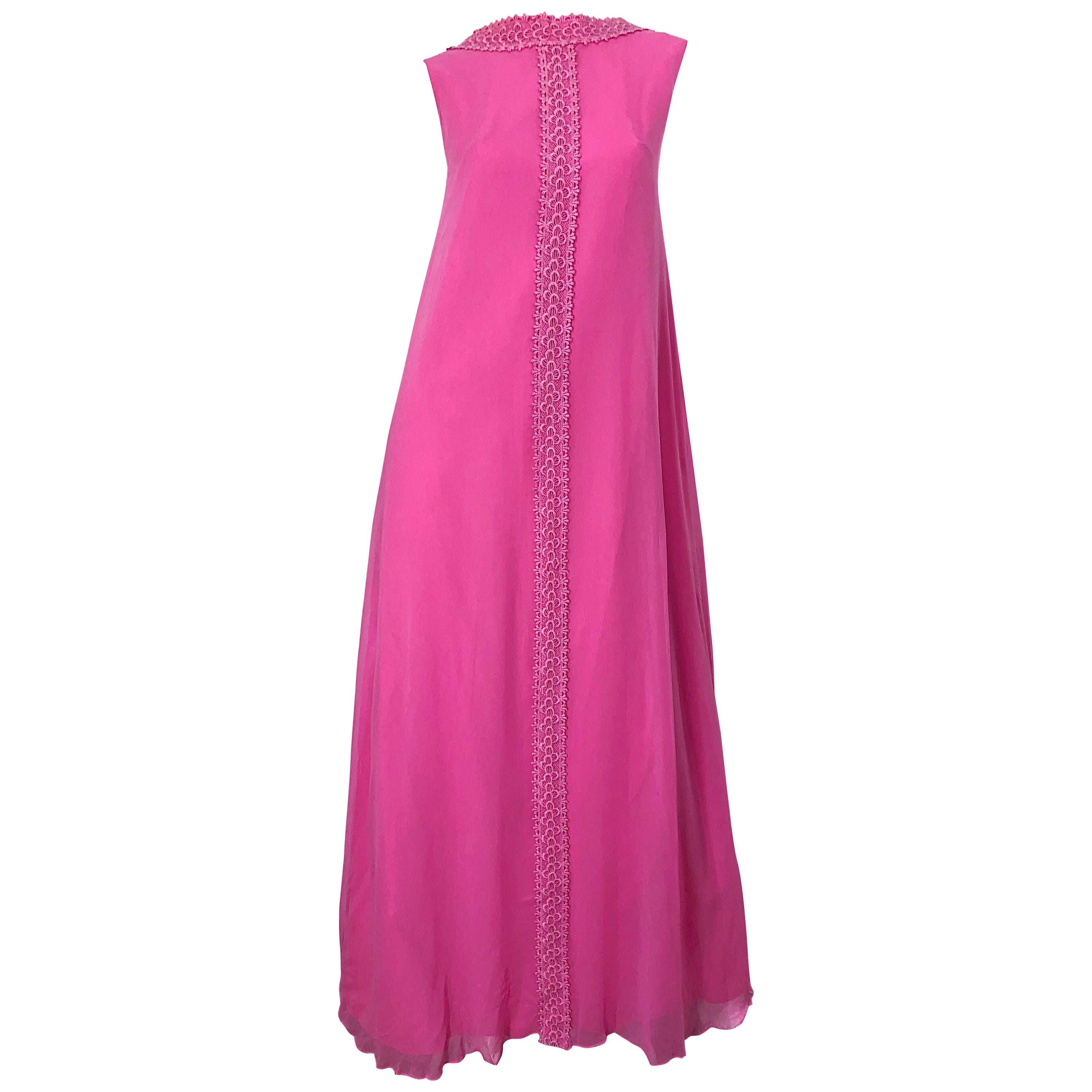1960s Bubblegum Pink Silk Chiffon High Neck Demi Couture Vintage 60s Gown Dress For Sale