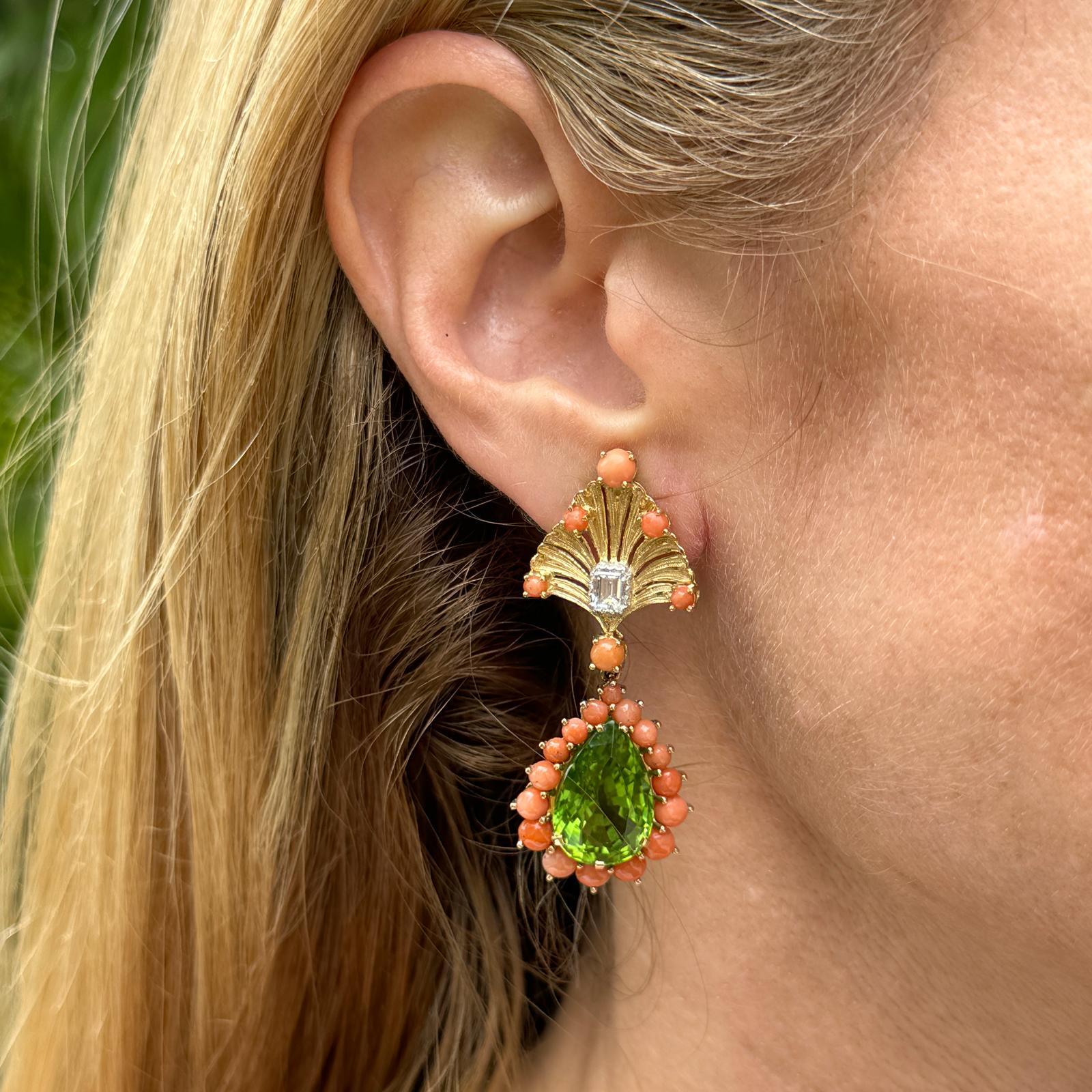 Pear Cut 1960's Buccellati Diamond Coral & Peridot 18KYG Drop Vintage Earclip Earrings For Sale