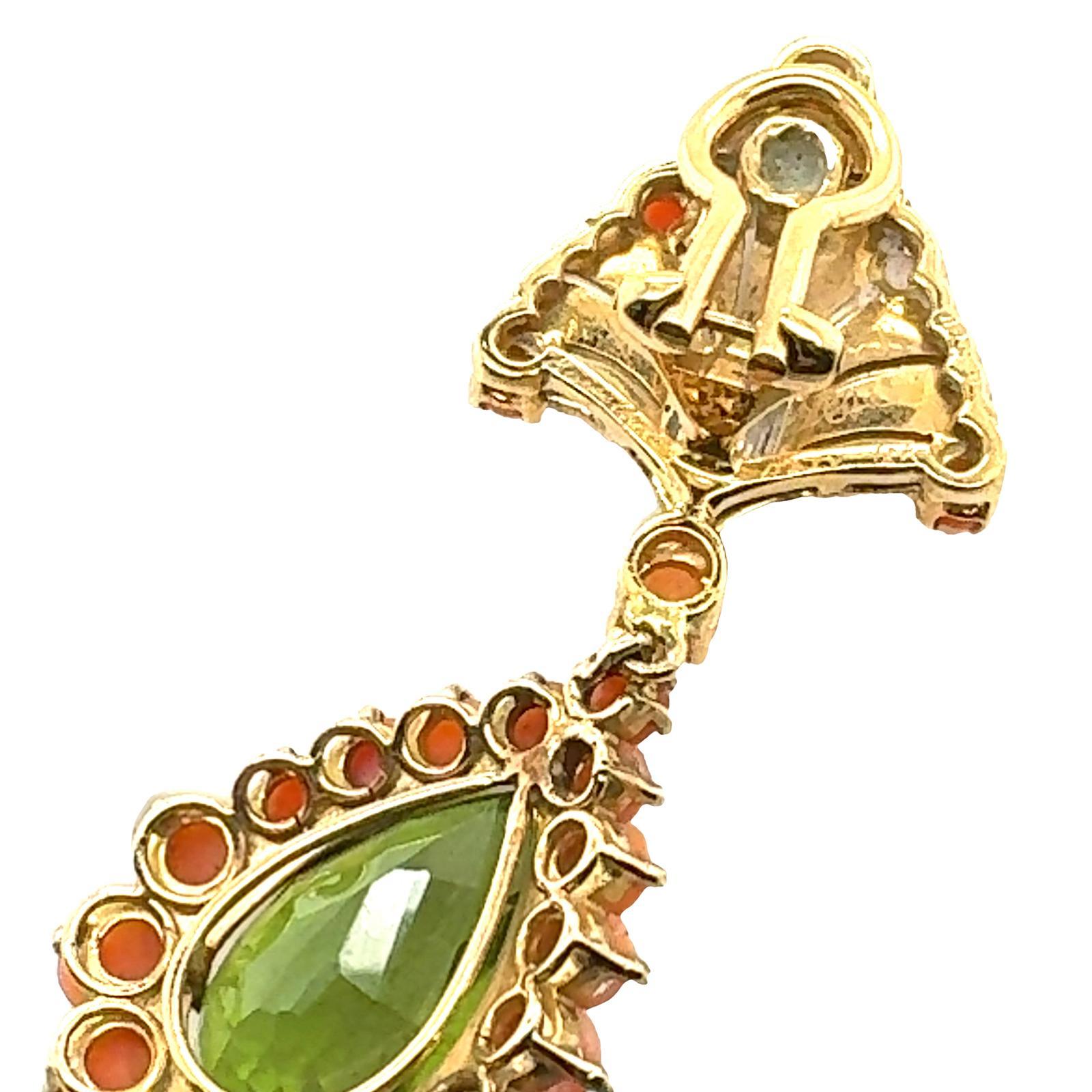 Women's 1960's Buccellati Diamond Coral & Peridot 18KYG Drop Vintage Earclip Earrings For Sale