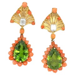 1960's Buccellati Diamond Coral & Peridot 18KYG Drop Vintage Earclip Earrings