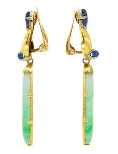 1960's Buccellati Jade Sapphire 18 Karat Two-Tone Gold Drop Ear-Clip Earrings