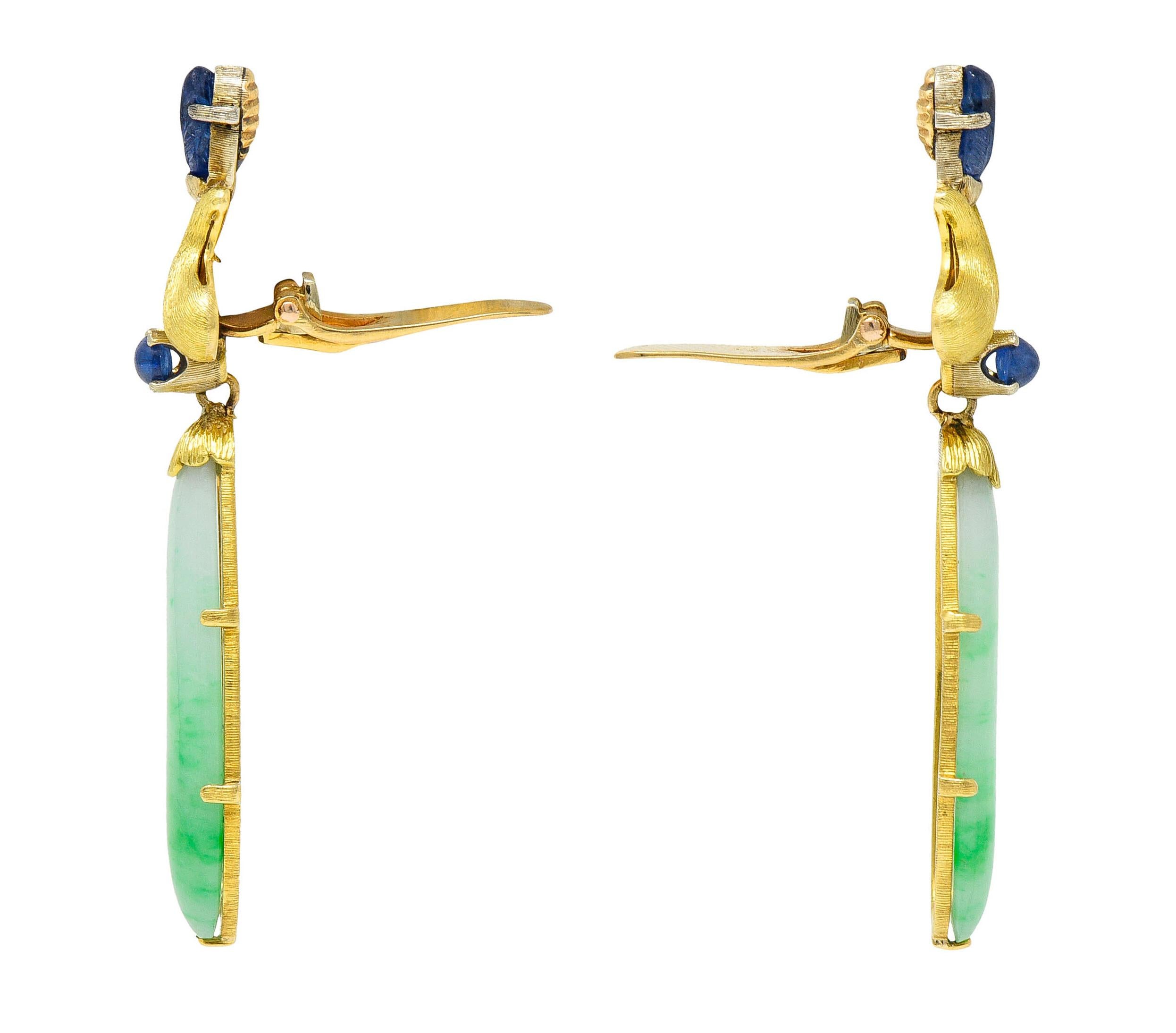 Contemporary 1960's, Buccellati Jade Sapphire 18 Karat Two-Tone Gold Drop Ear-Clip Earrings For Sale