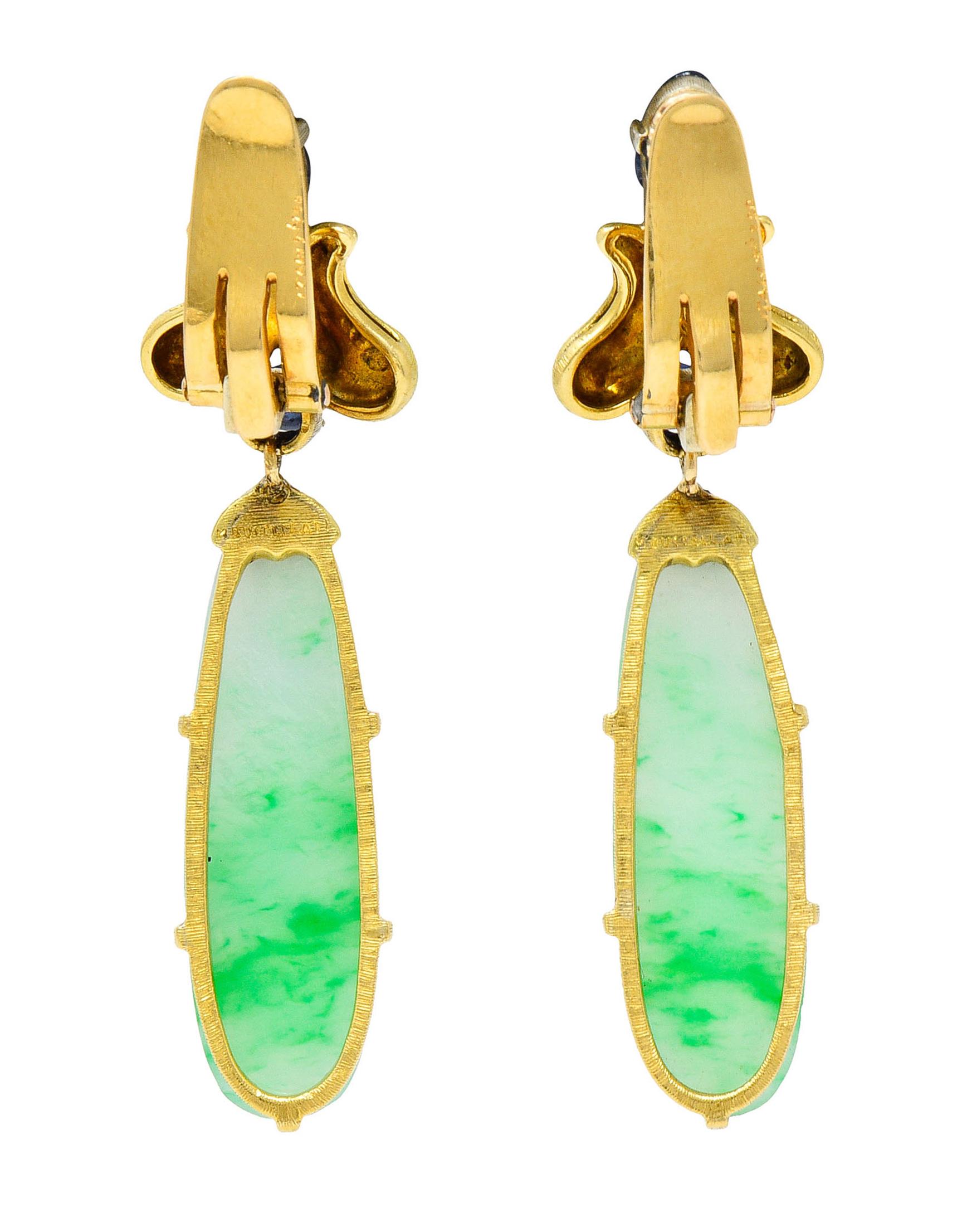 Cabochon 1960's, Buccellati Jade Sapphire 18 Karat Two-Tone Gold Drop Ear-Clip Earrings For Sale