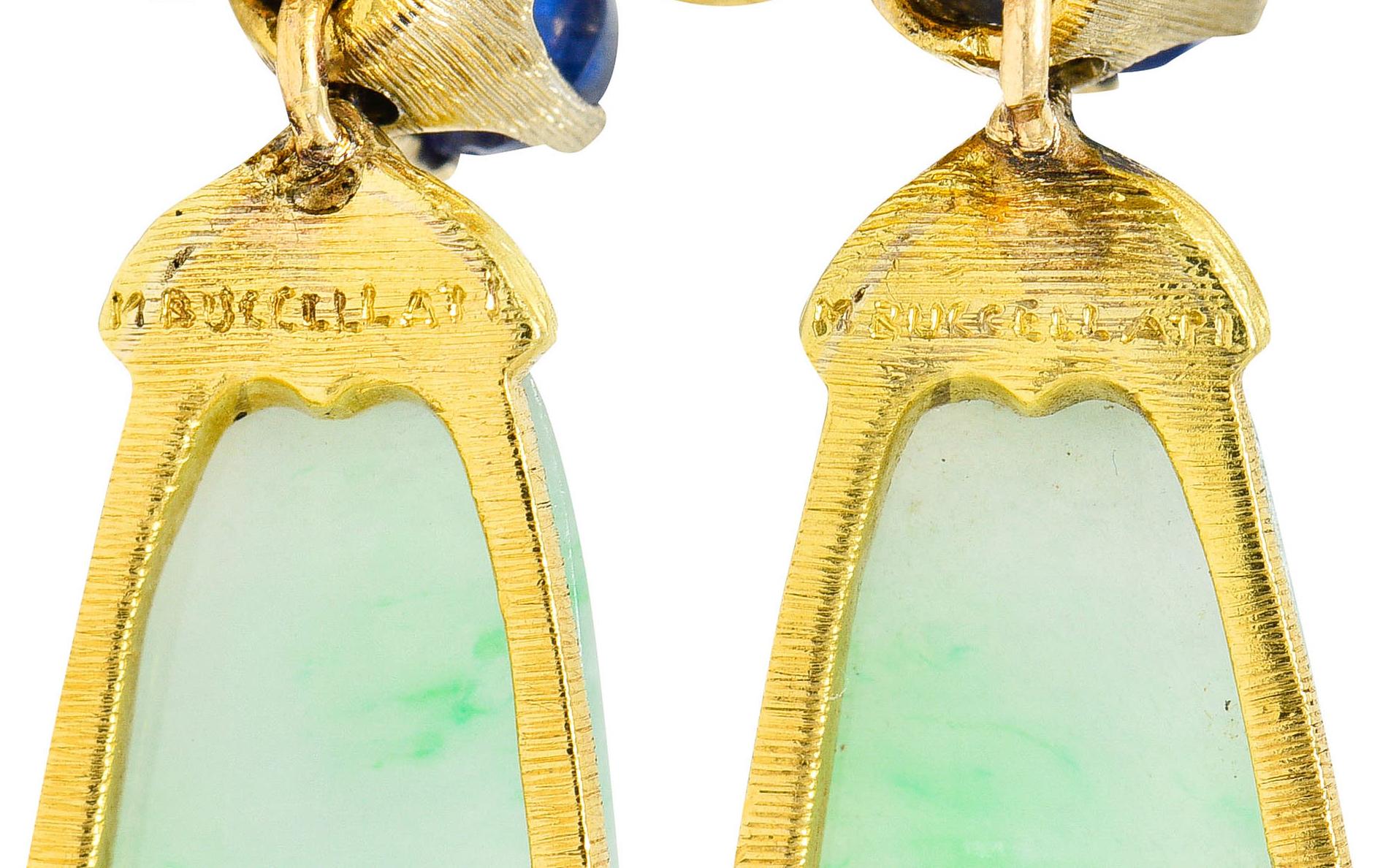 1960's, Buccellati Jade Sapphire 18 Karat Two-Tone Gold Drop Ear-Clip Earrings In Excellent Condition For Sale In Philadelphia, PA