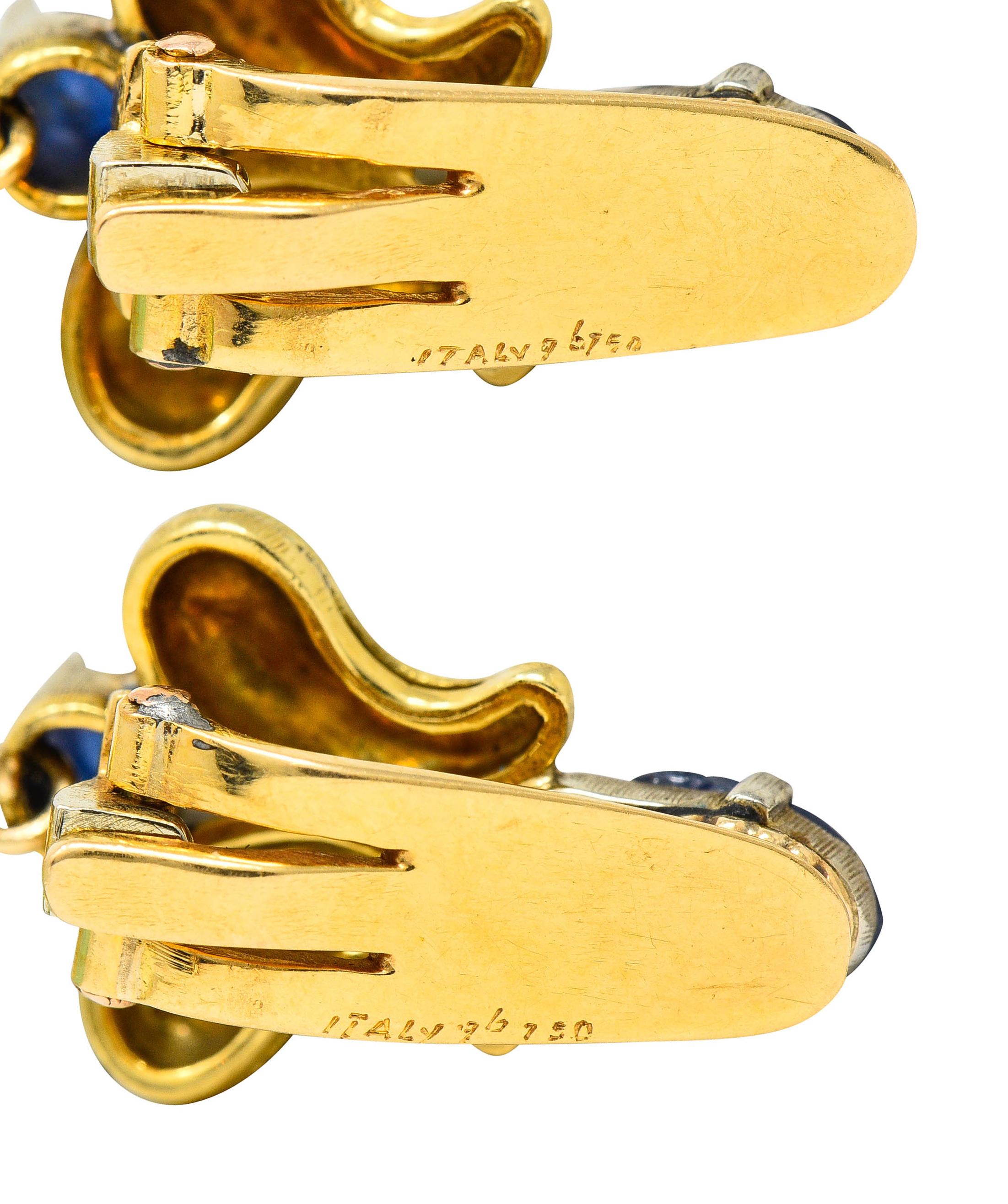Women's or Men's 1960's, Buccellati Jade Sapphire 18 Karat Two-Tone Gold Drop Ear-Clip Earrings For Sale