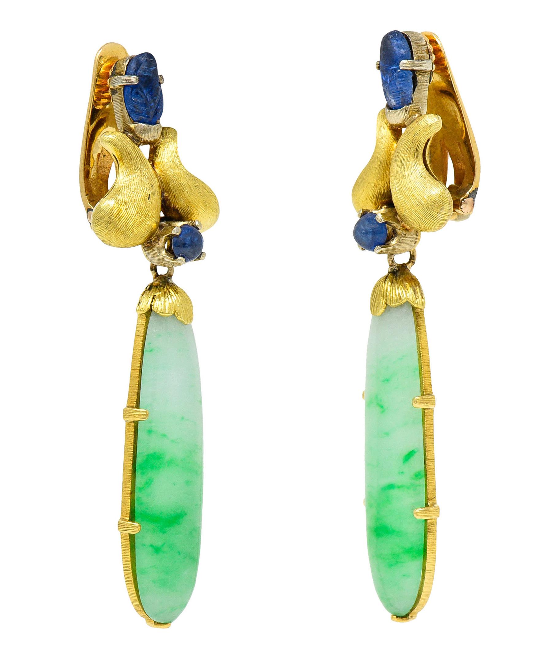 1960's, Buccellati Jade Sapphire 18 Karat Two-Tone Gold Drop Ear-Clip Earrings For Sale 1