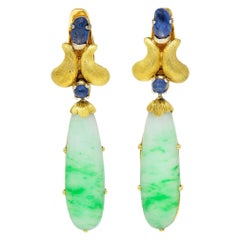 1960's Buccellati Jade Sapphire 18 Karat Two-Tone Gold Drop Ear-Clip Earrings