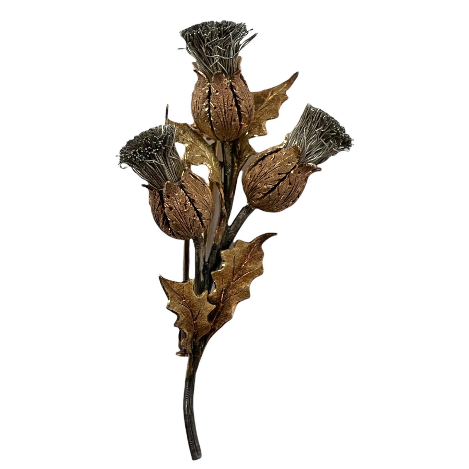 1960's Buccellati Thistle Floral 18 Karat Yellow Gold Silver Vintage Brooch Pin In Excellent Condition In Boca Raton, FL