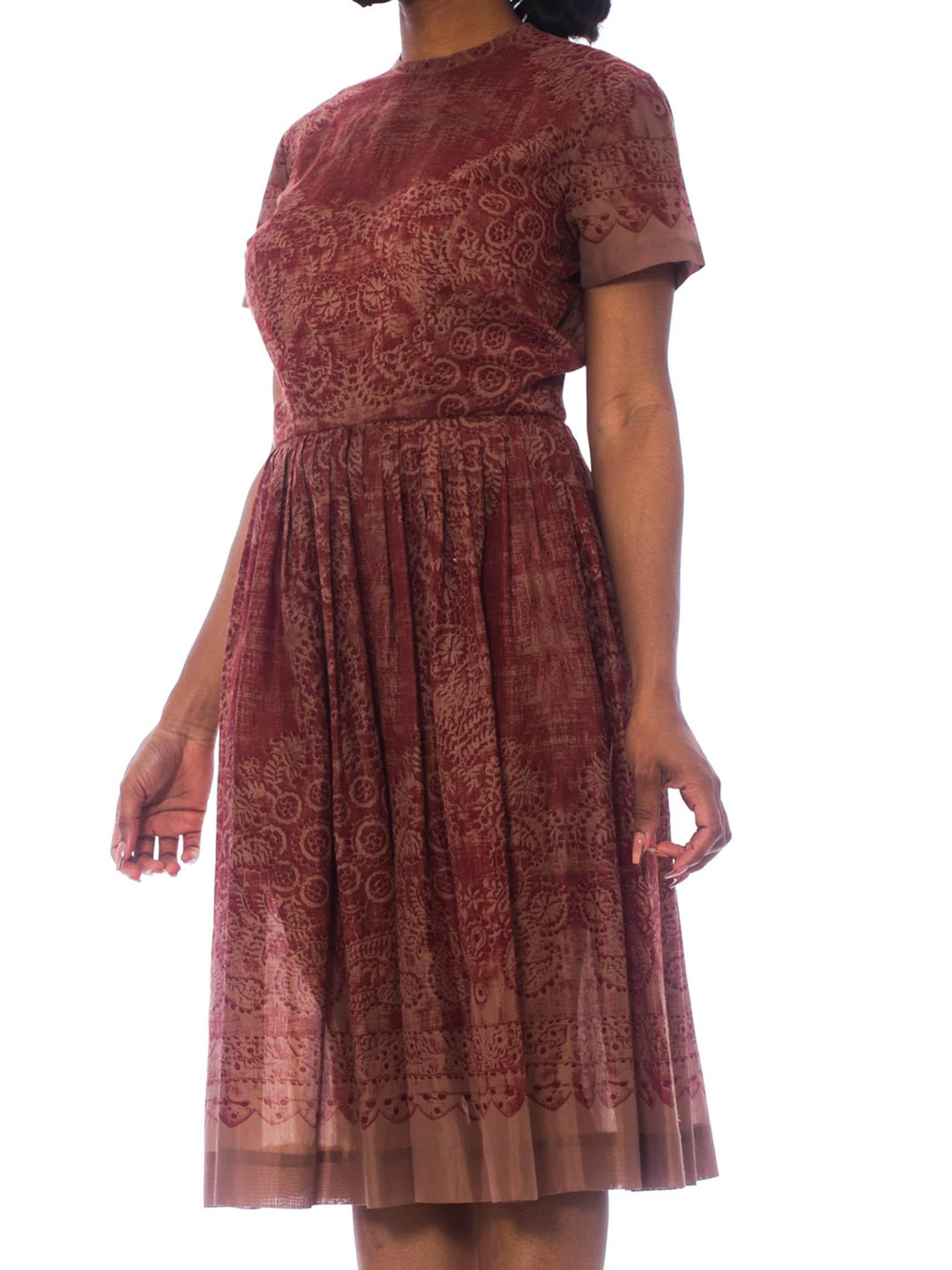 1960S Burgundy & Brown Poly Blend Lace Printed Dress In Excellent Condition In New York, NY