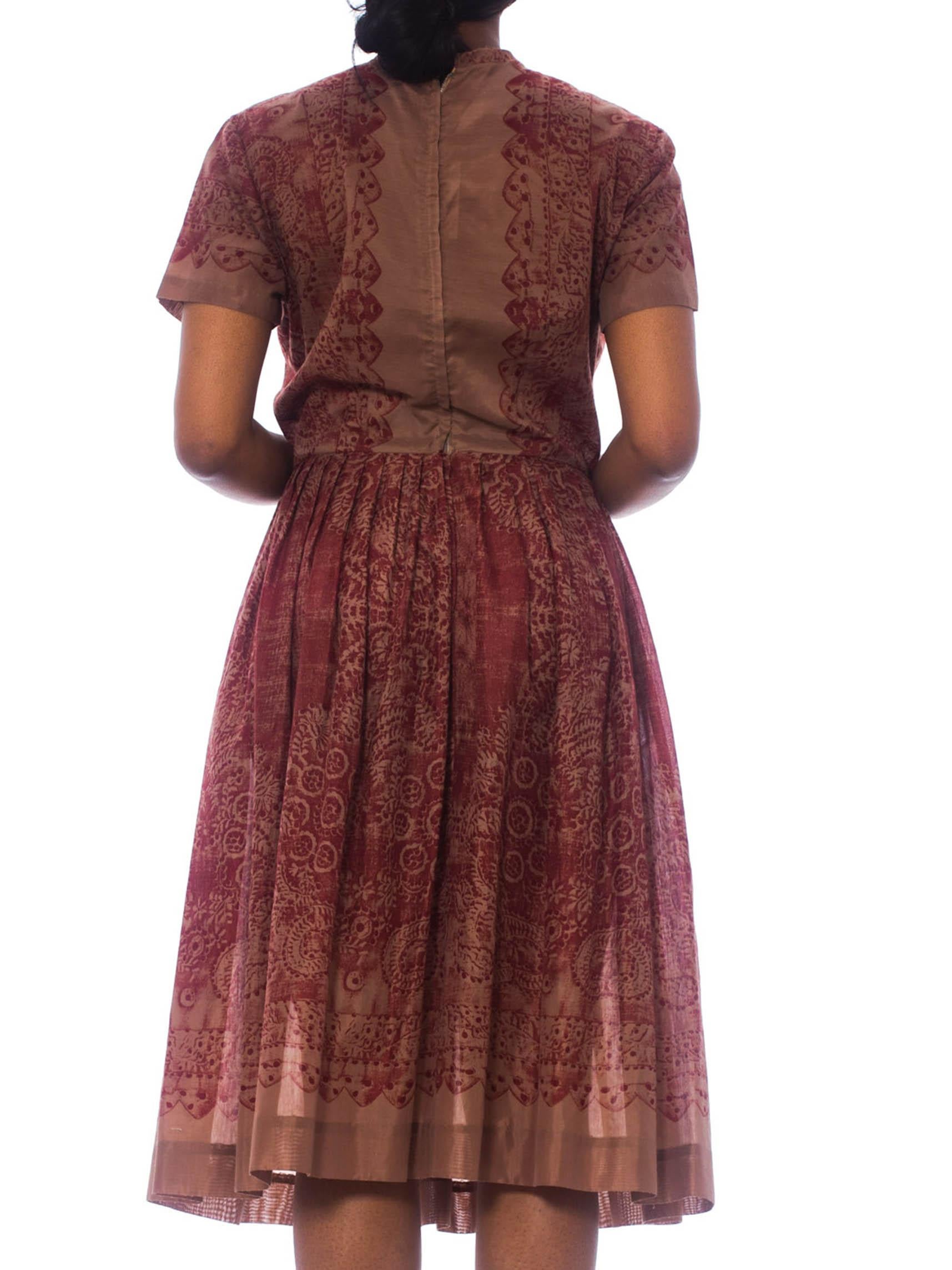 1960S Burgundy & Brown Poly Blend Lace Printed Dress 1