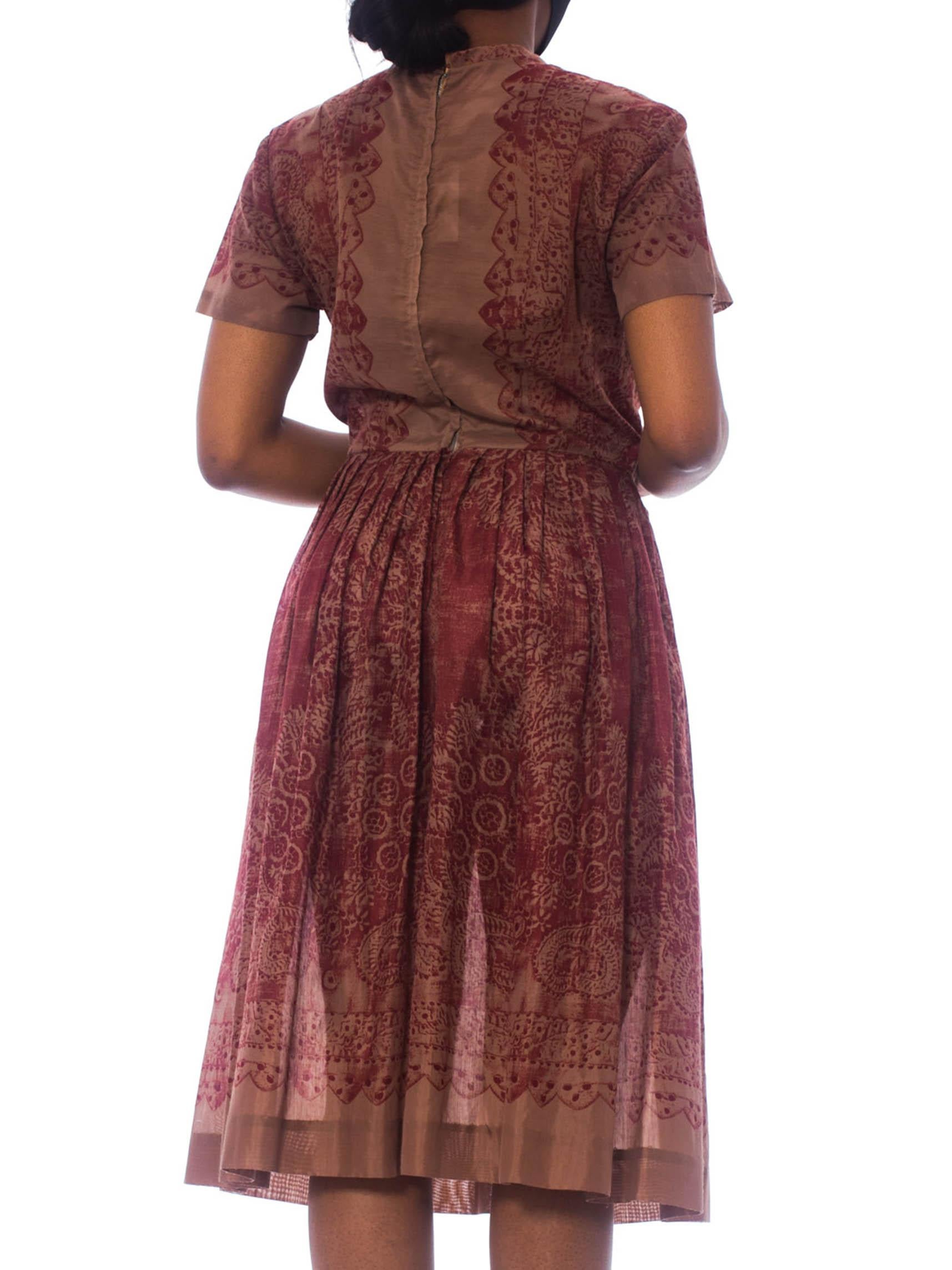 1960S Burgundy & Brown Poly Blend Lace Printed Dress 2