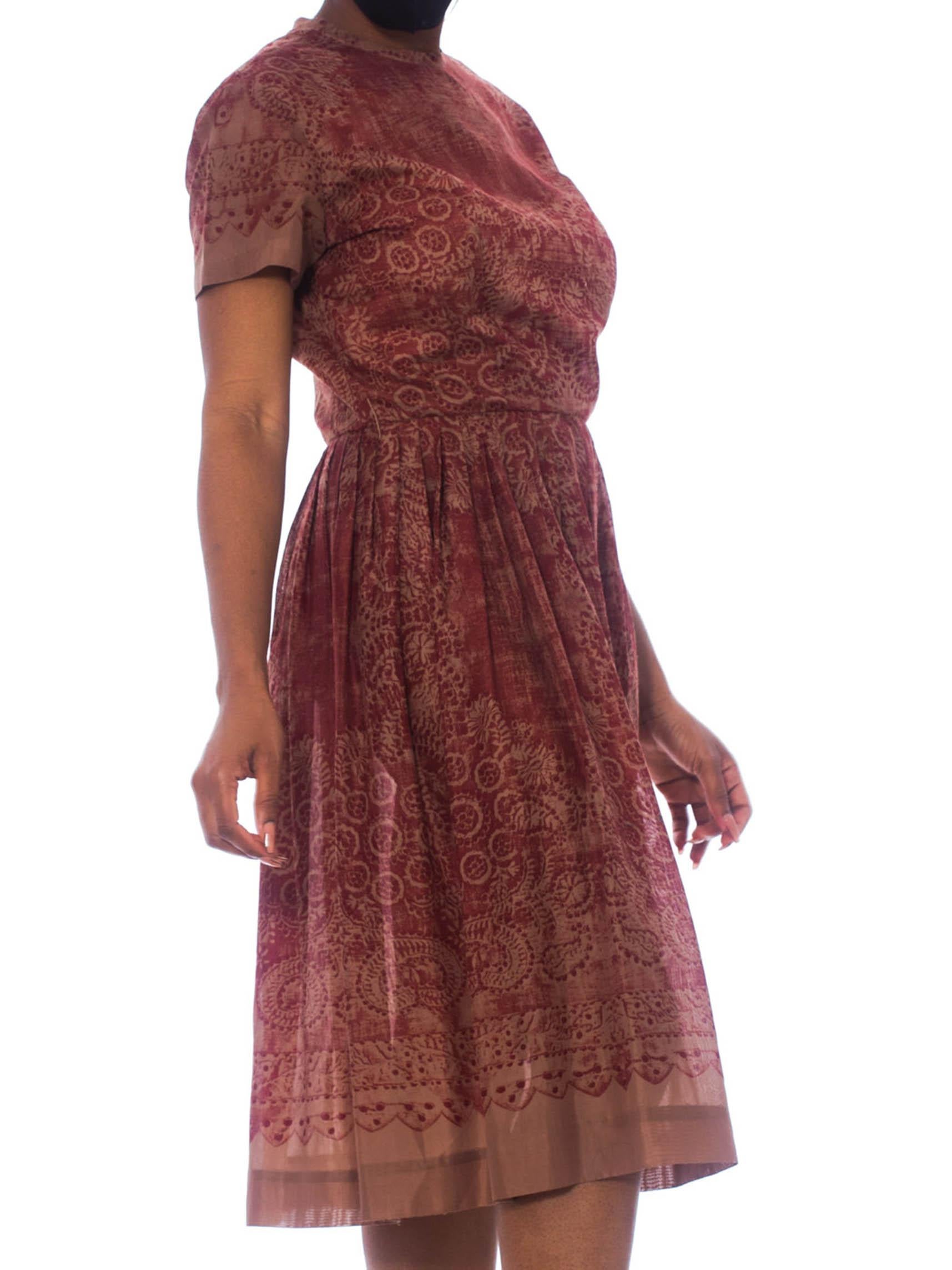 1960S Burgundy & Brown Poly Blend Lace Printed Dress 3