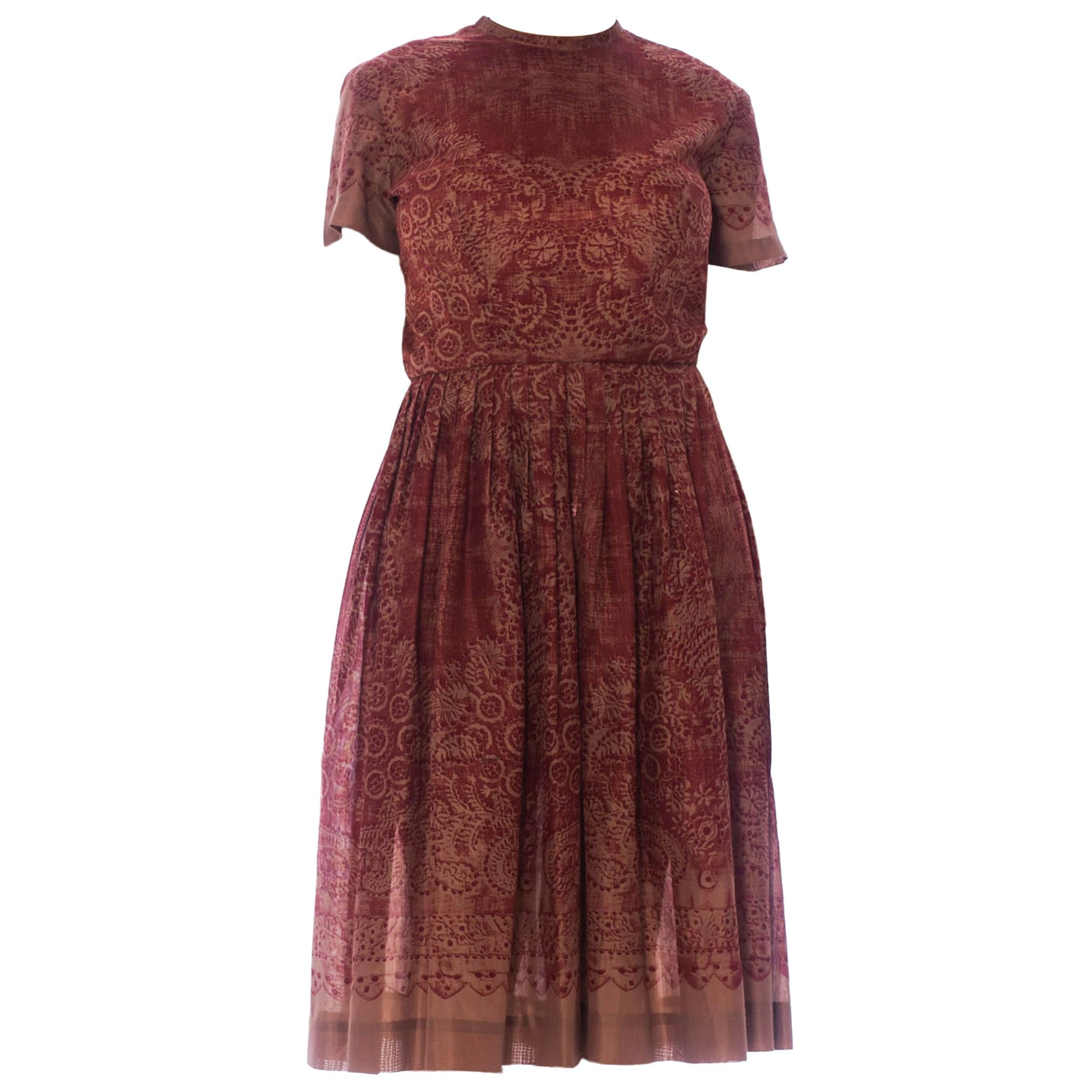 1960S Burgundy & Brown Poly Blend Lace Printed Dress