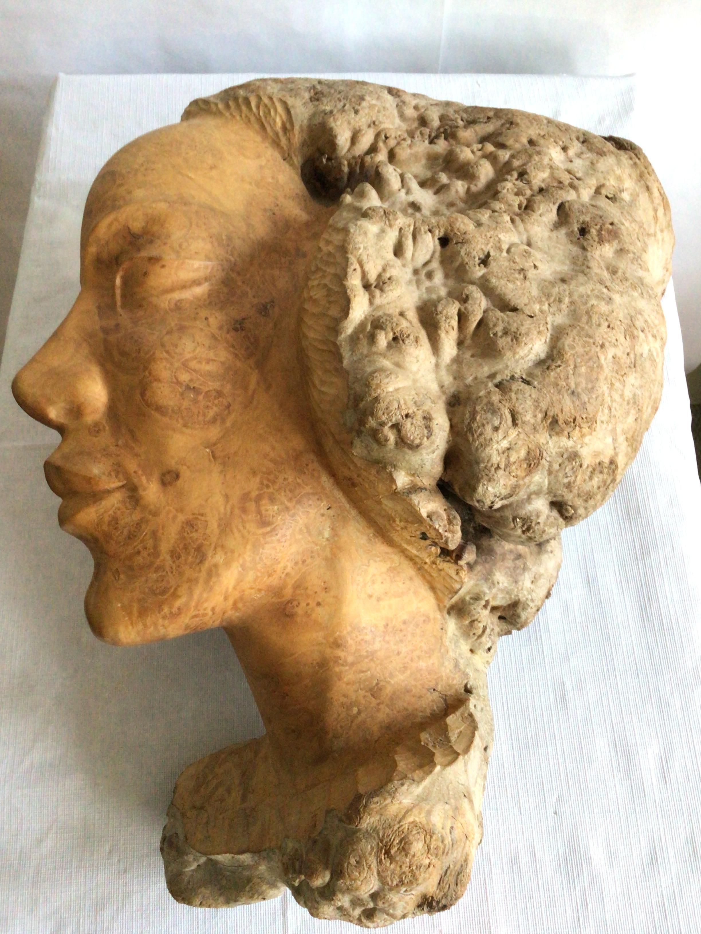 Hand-Carved 1960s Burl Wood Carving of A Woman's Face For Sale
