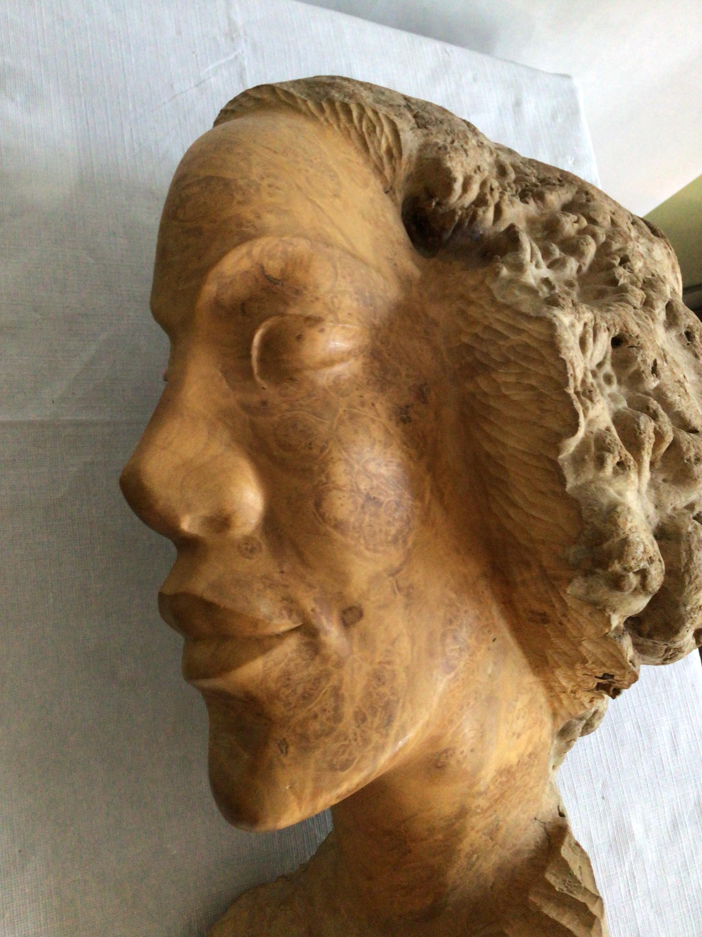 1960s Burl Wood Carving of A Woman's Face For Sale 1