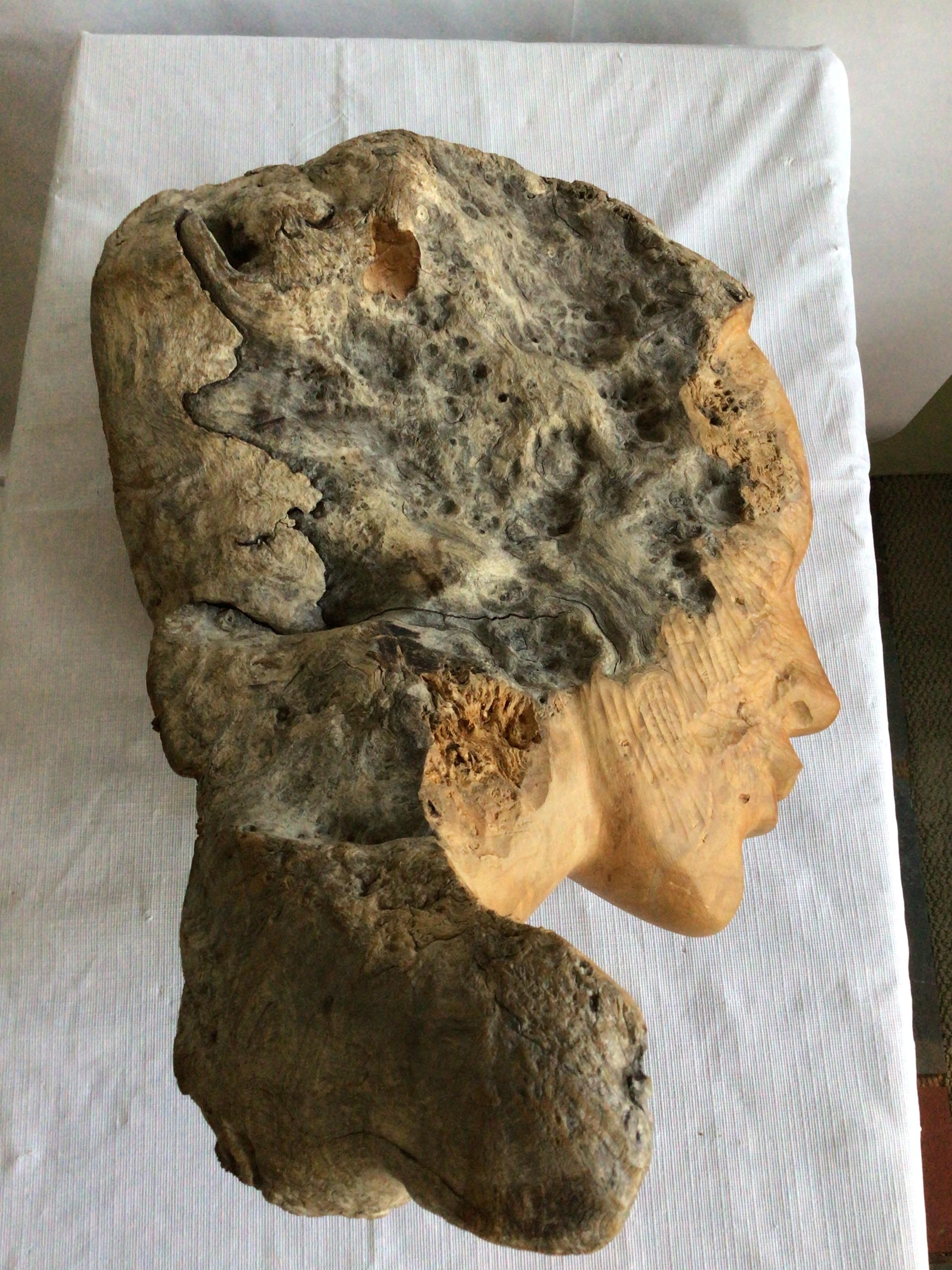 1960s Burl Wood Carving of A Woman's Face For Sale 3
