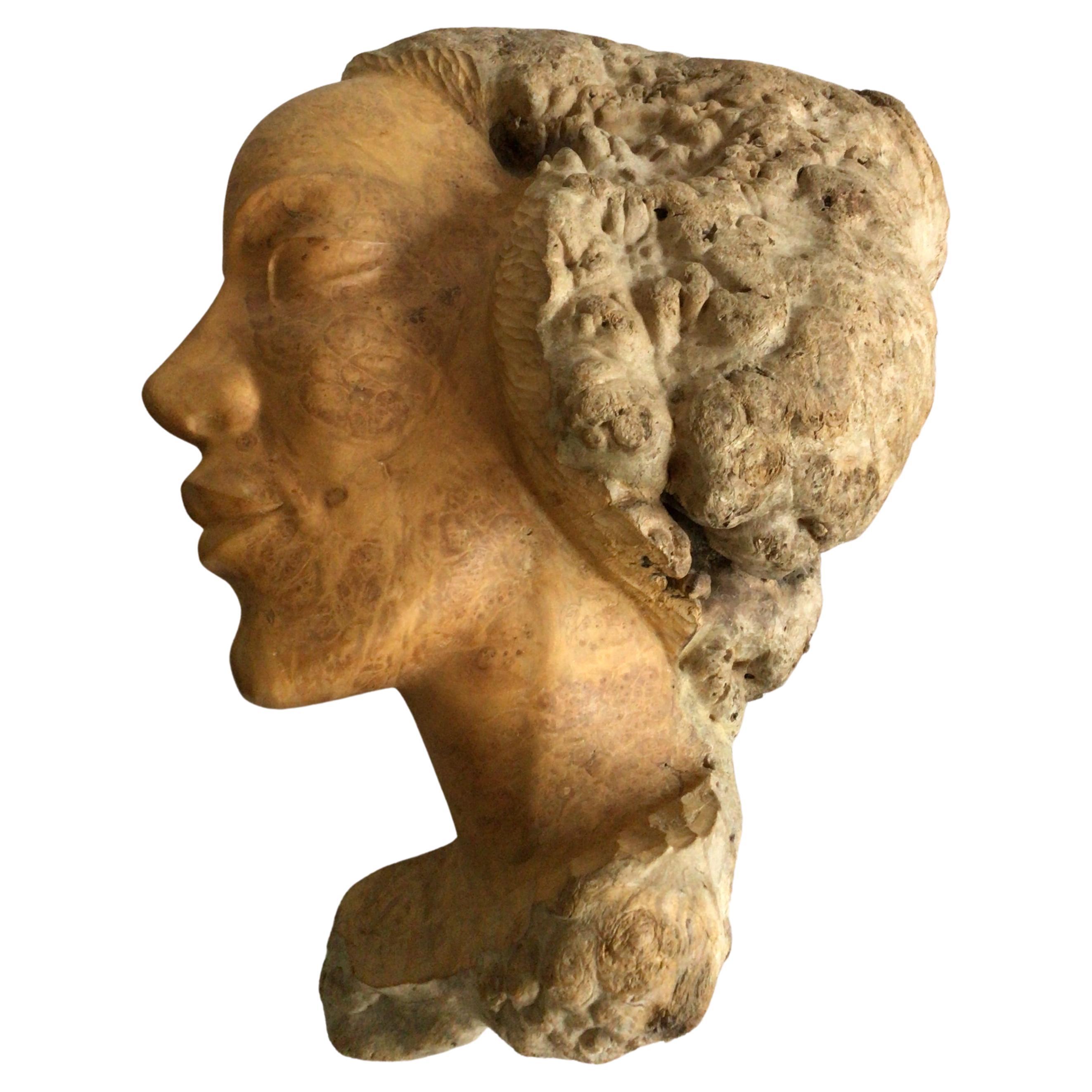 1960s Burl Wood Carving of A Woman's Face For Sale