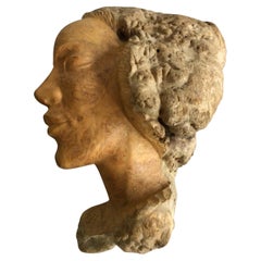 Retro 1960s Burl Wood Carving of A Woman's Face