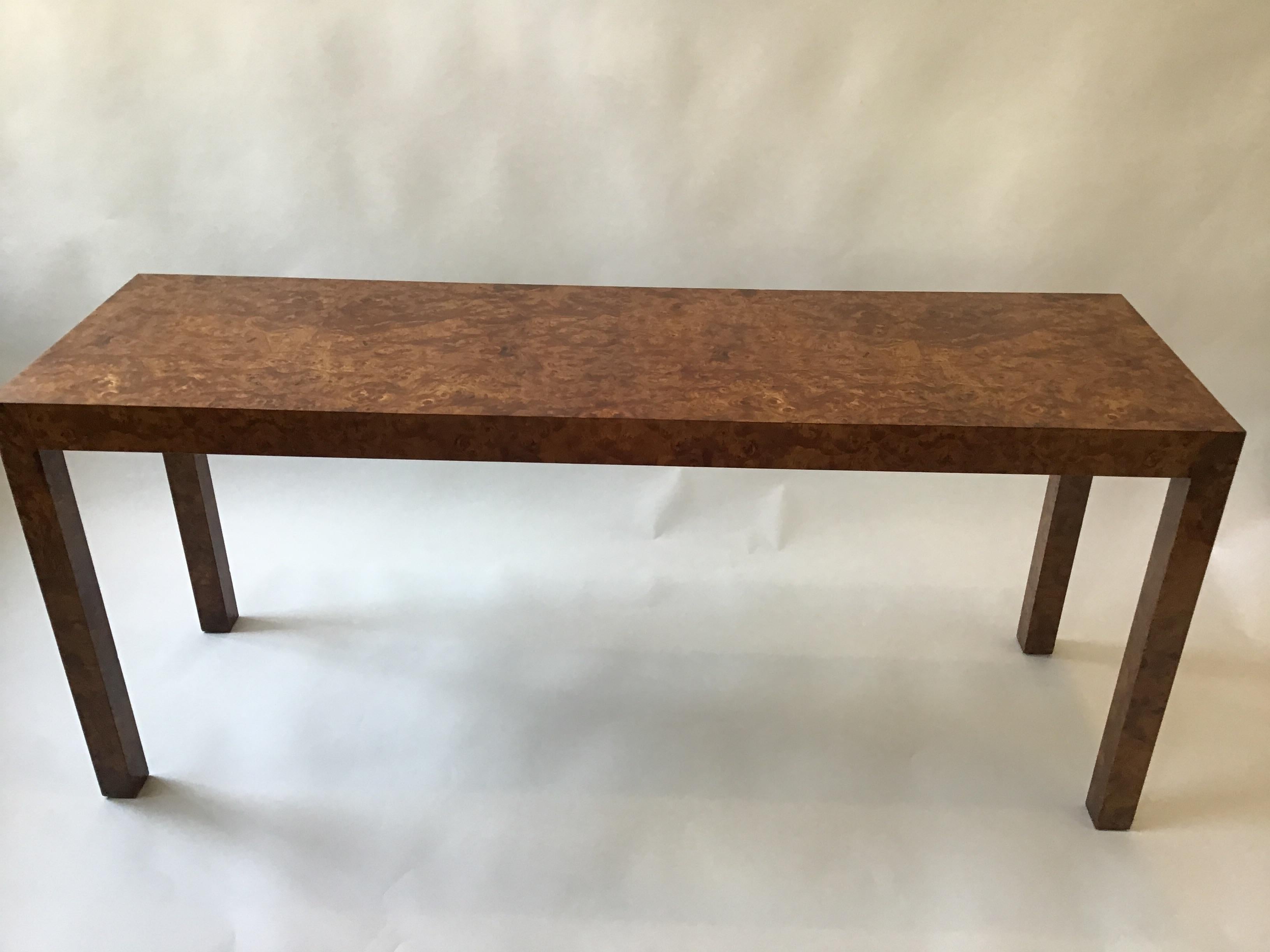 Mid-20th Century 1960s Burled Wood Parsons Console Table 