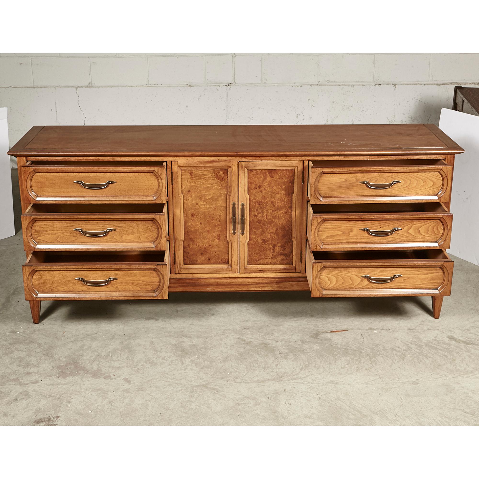 American 1960s Burl Wood 9-Drawer Dresser For Sale