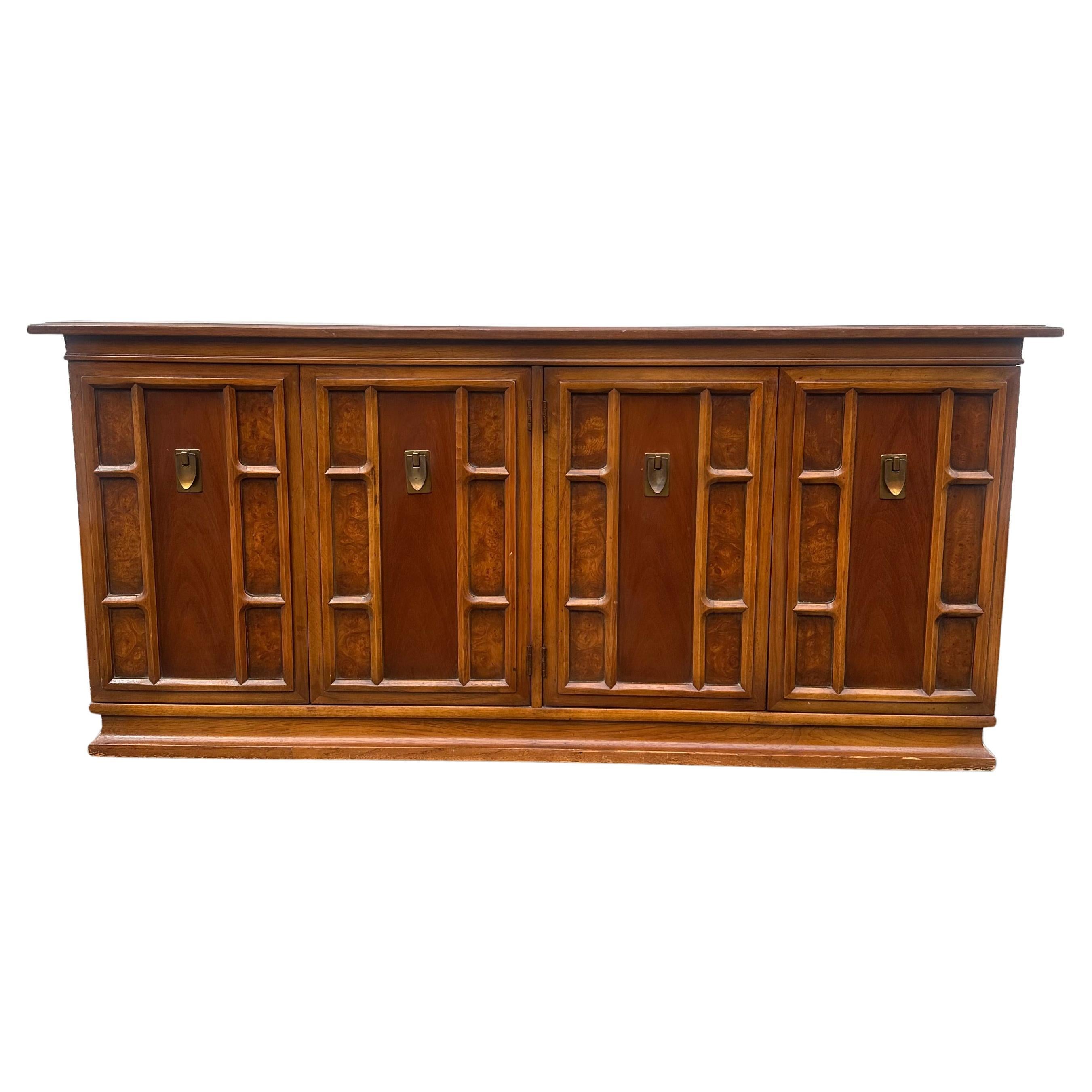 1960s Brutalist Burlwood Sideboard Dresser on Castors