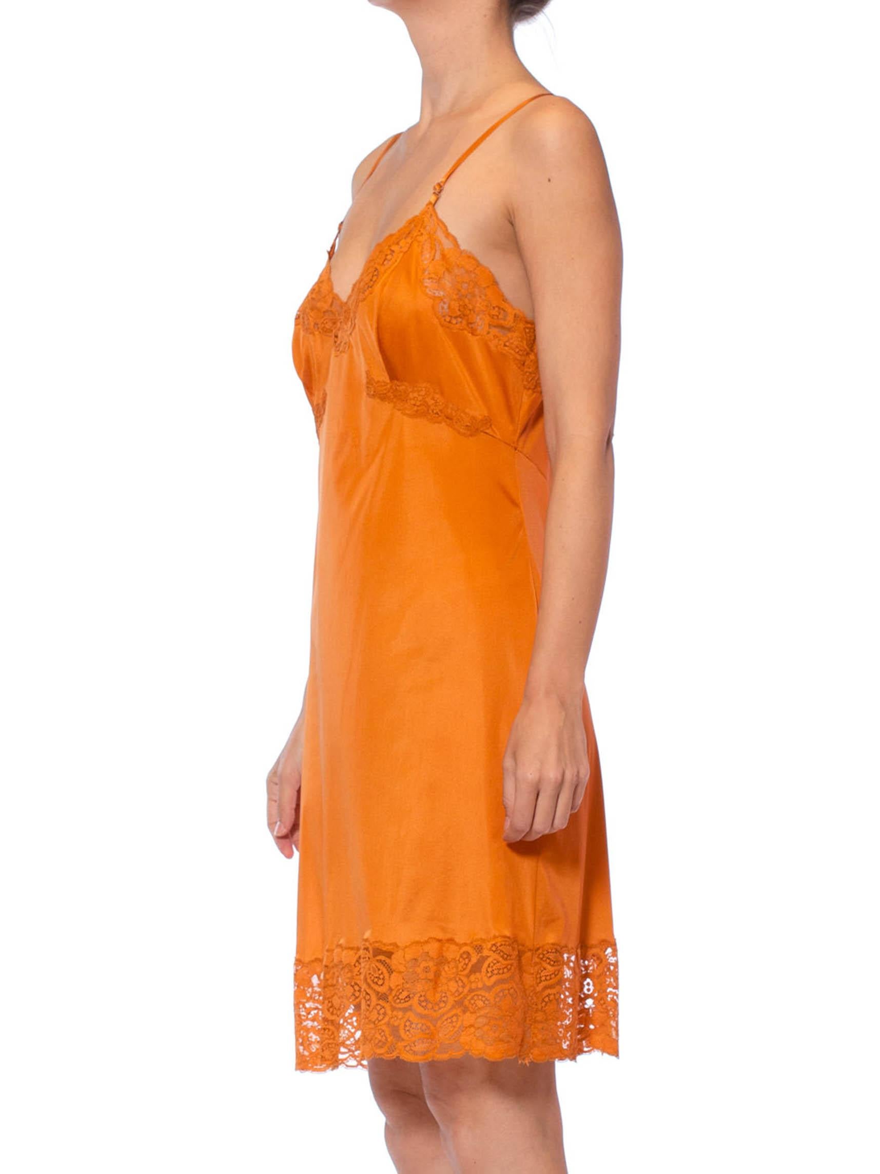 1960S Burnt Orange Nylon Tricot Jersey Lace Trimmed Slip Dress For Sale 3
