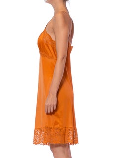 1960S Burnt Orange Nylon Tricot Jersey Lace Trimmed Slip Dress