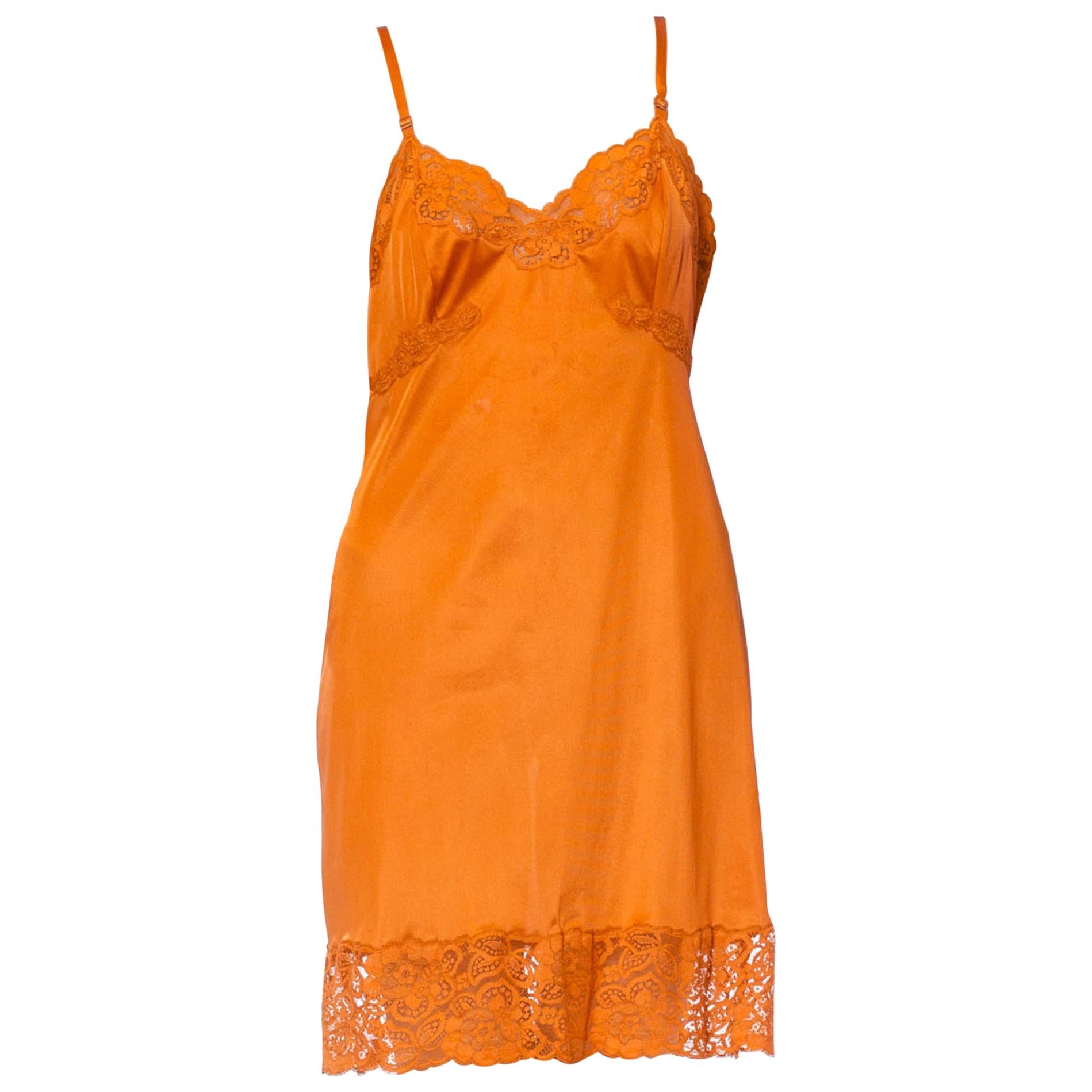 1960S Burnt Orange Nylon Tricot Jersey Lace Trimmed Slip Dress