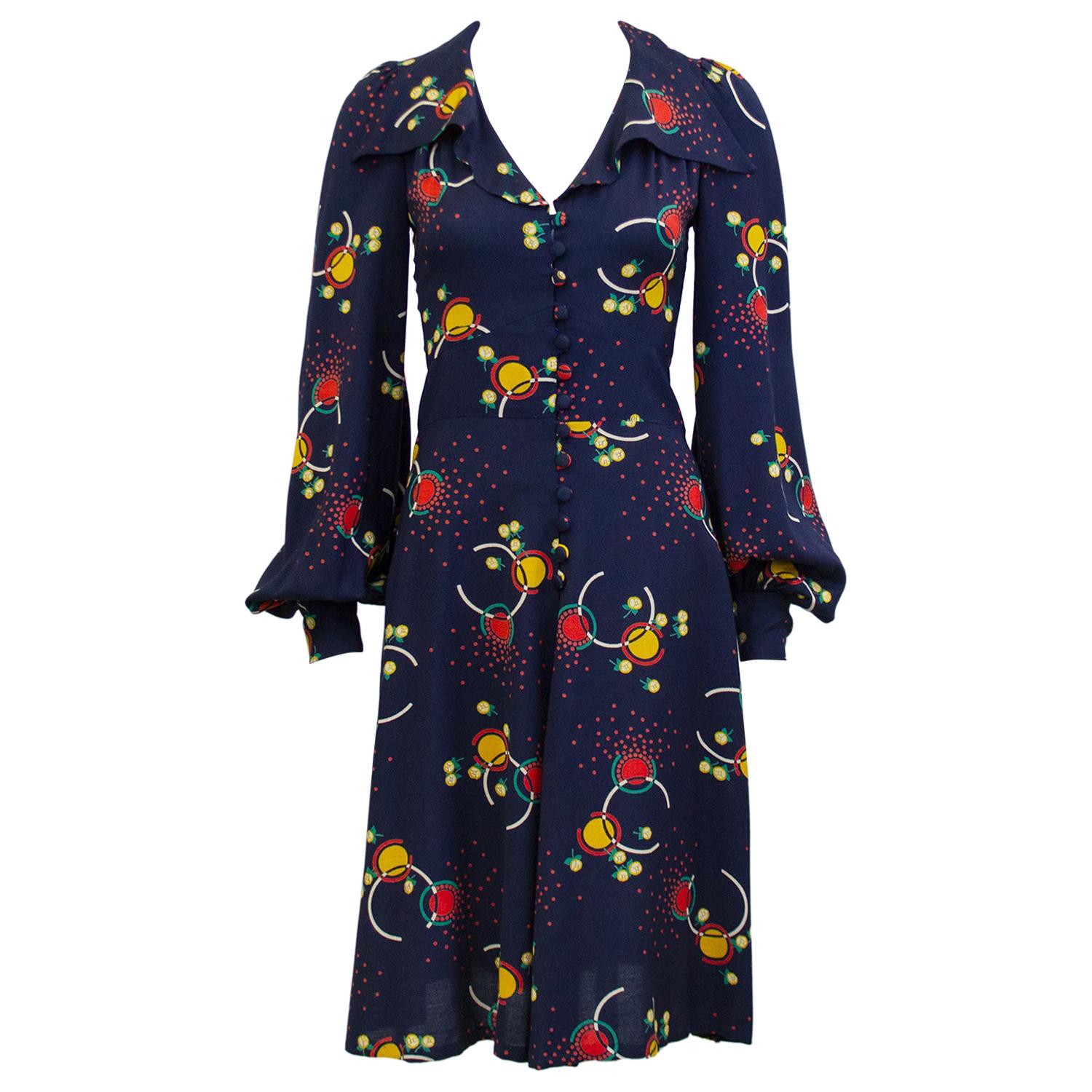 1960s Bus Stop by Lee Bender Navy Blue Printed Rayon Dress  For Sale
