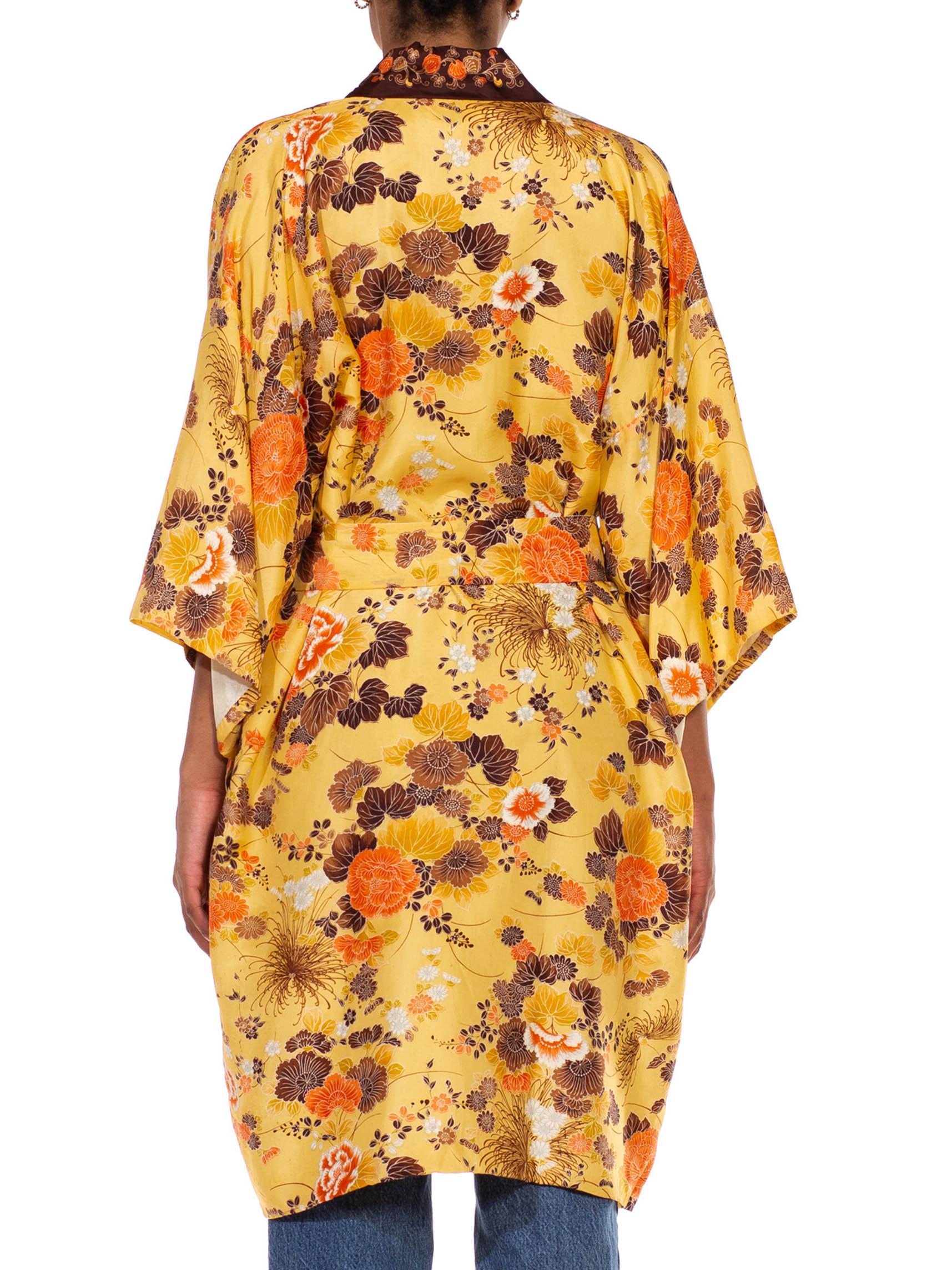 1960S Butter Yellow & Brown Floral Silk Kimono For Sale 7