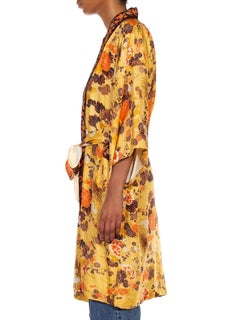 1960S Butter Yellow & Brown Floral Silk Kimono
