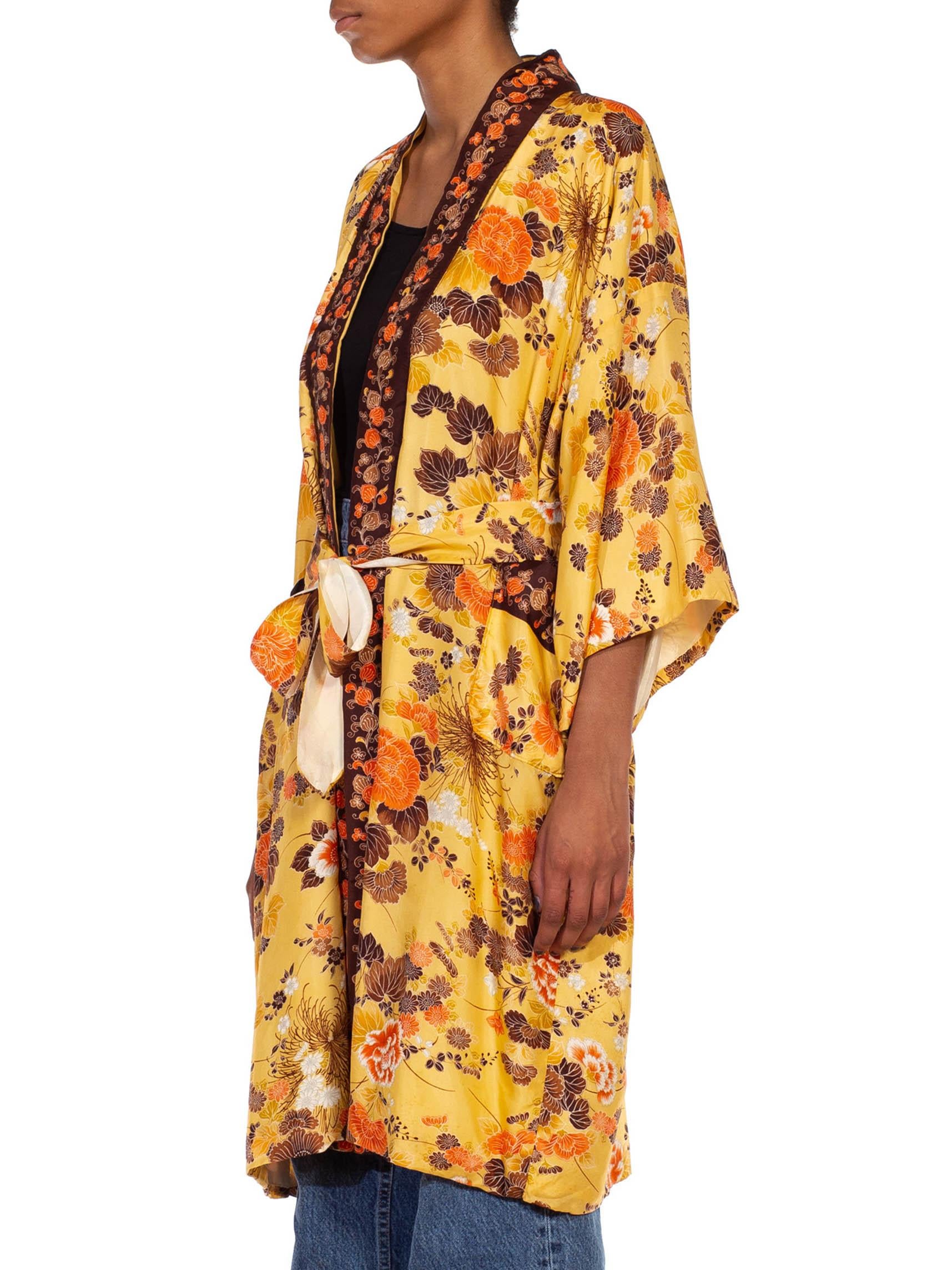 1960S Butter Yellow & Brown Floral Silk Kimono For Sale 1