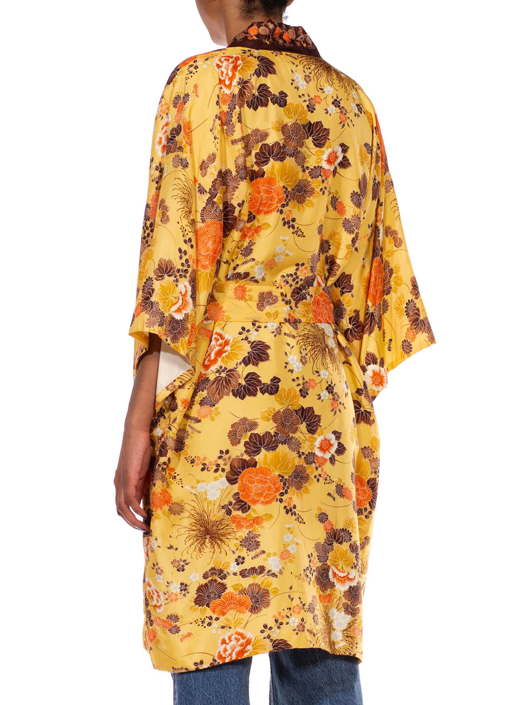 1960S Butter Yellow & Brown Floral Silk Kimono For Sale 5