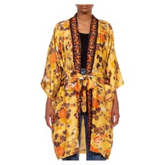 1960S Butter Yellow & Brown Floral Silk Kimono