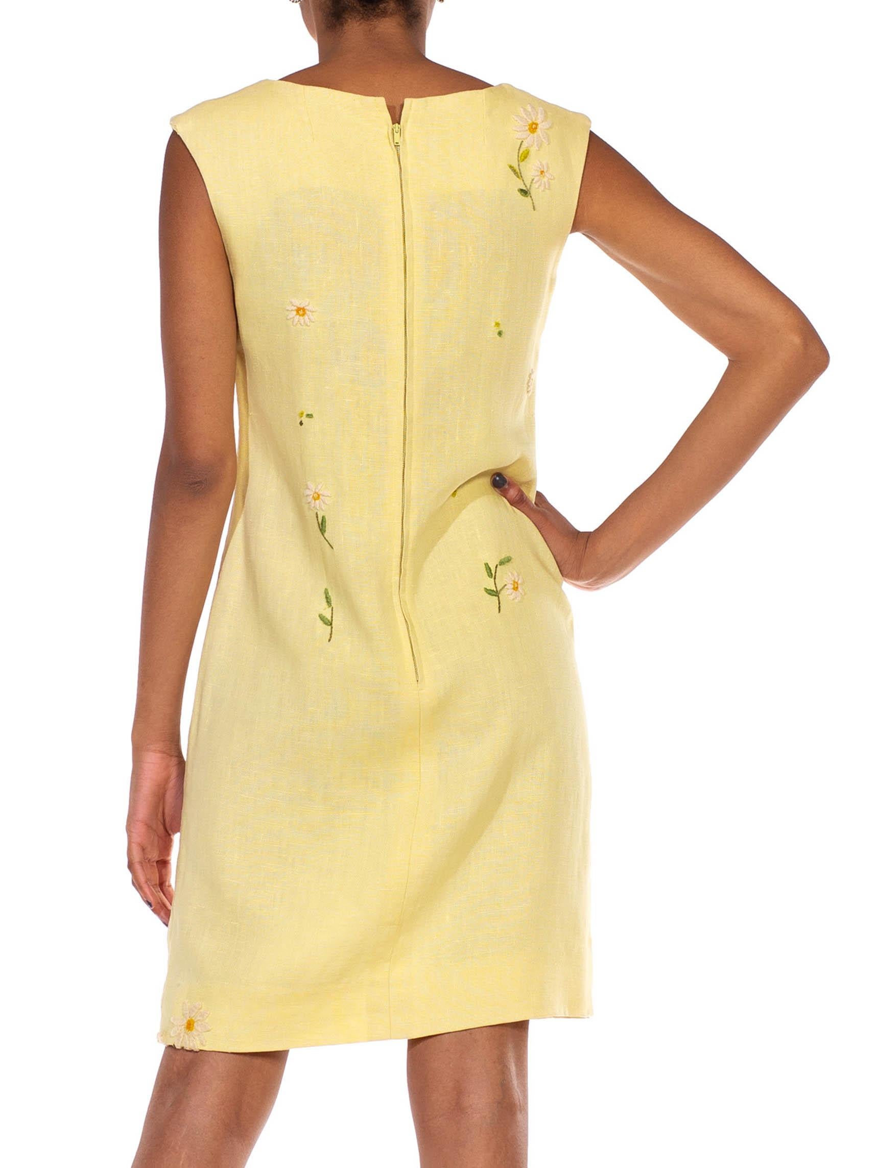 1960S Butter Yellow Linen Daisy Embroidered Mod Dress 3