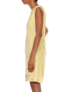 1960S Butter Yellow Linen Daisy Embroidered Mod Dress
