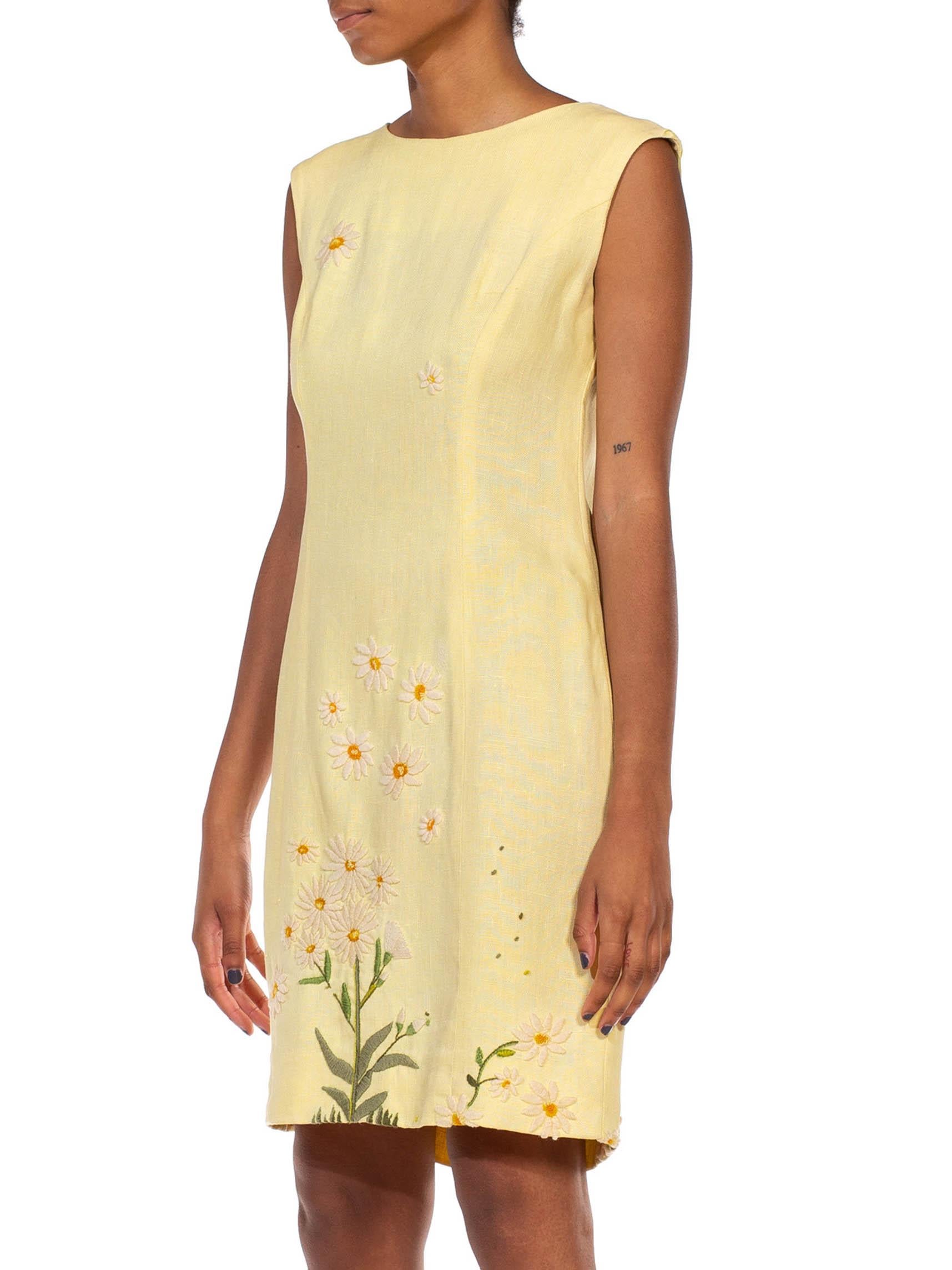 Women's 1960S Butter Yellow Linen Daisy Embroidered Mod Dress