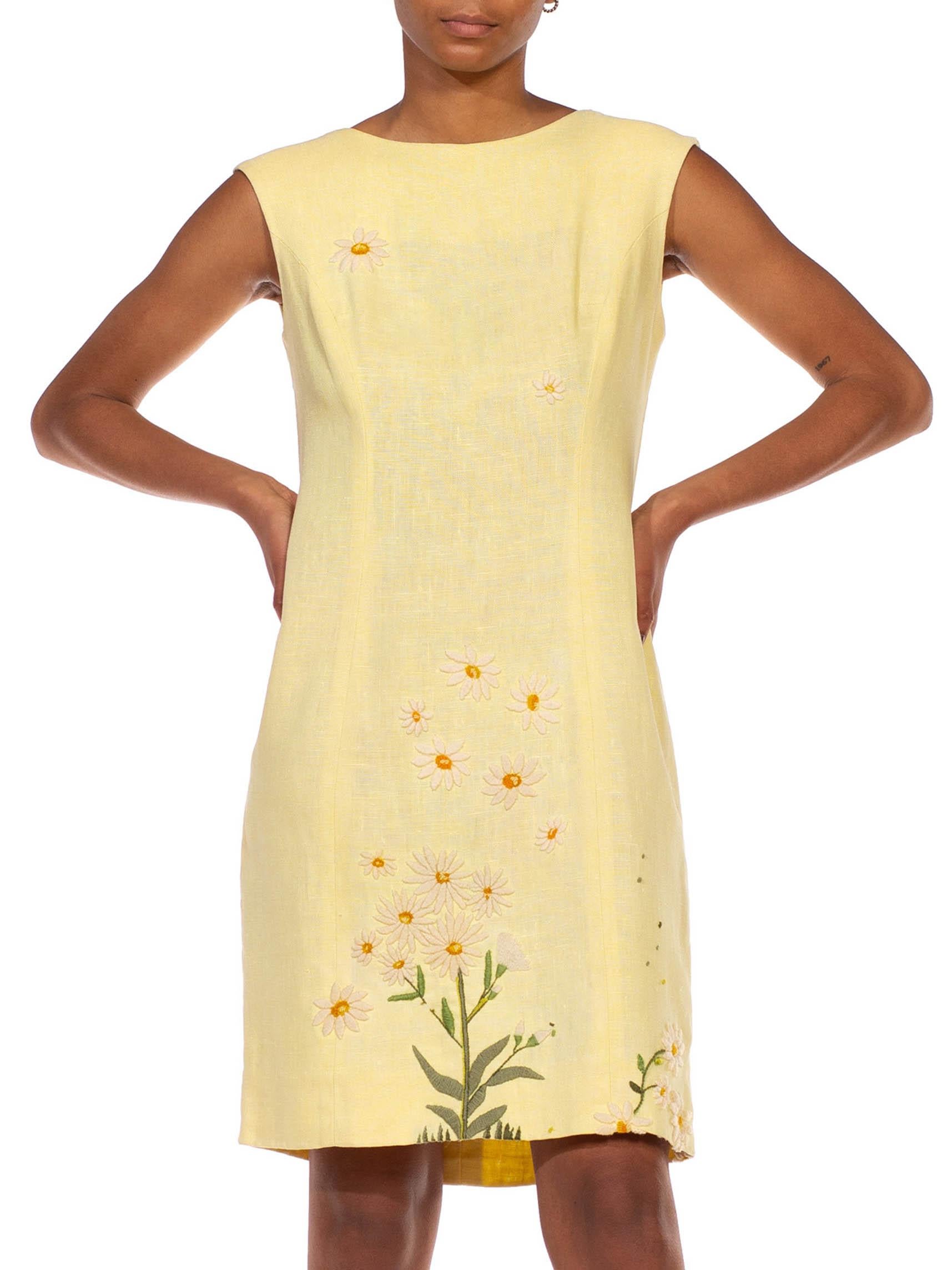 1960S Butter Yellow Linen Daisy Embroidered Mod Dress 1