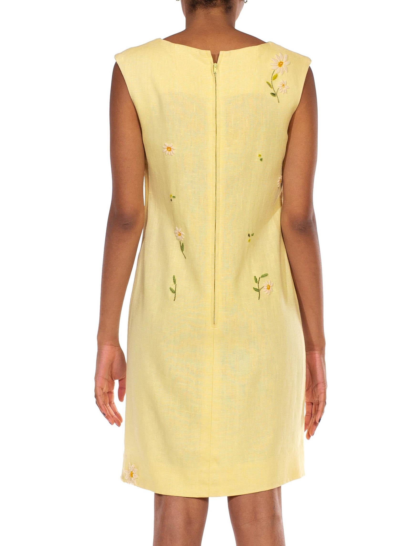 1960S Butter Yellow Linen Daisy Embroidered Mod Dress 2