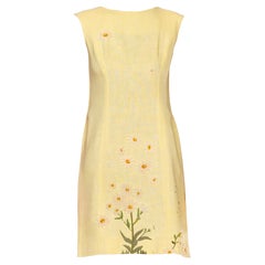 Vestido Mod Bordado de Margaritas de Lino Amarillo Mantequilla 1960S