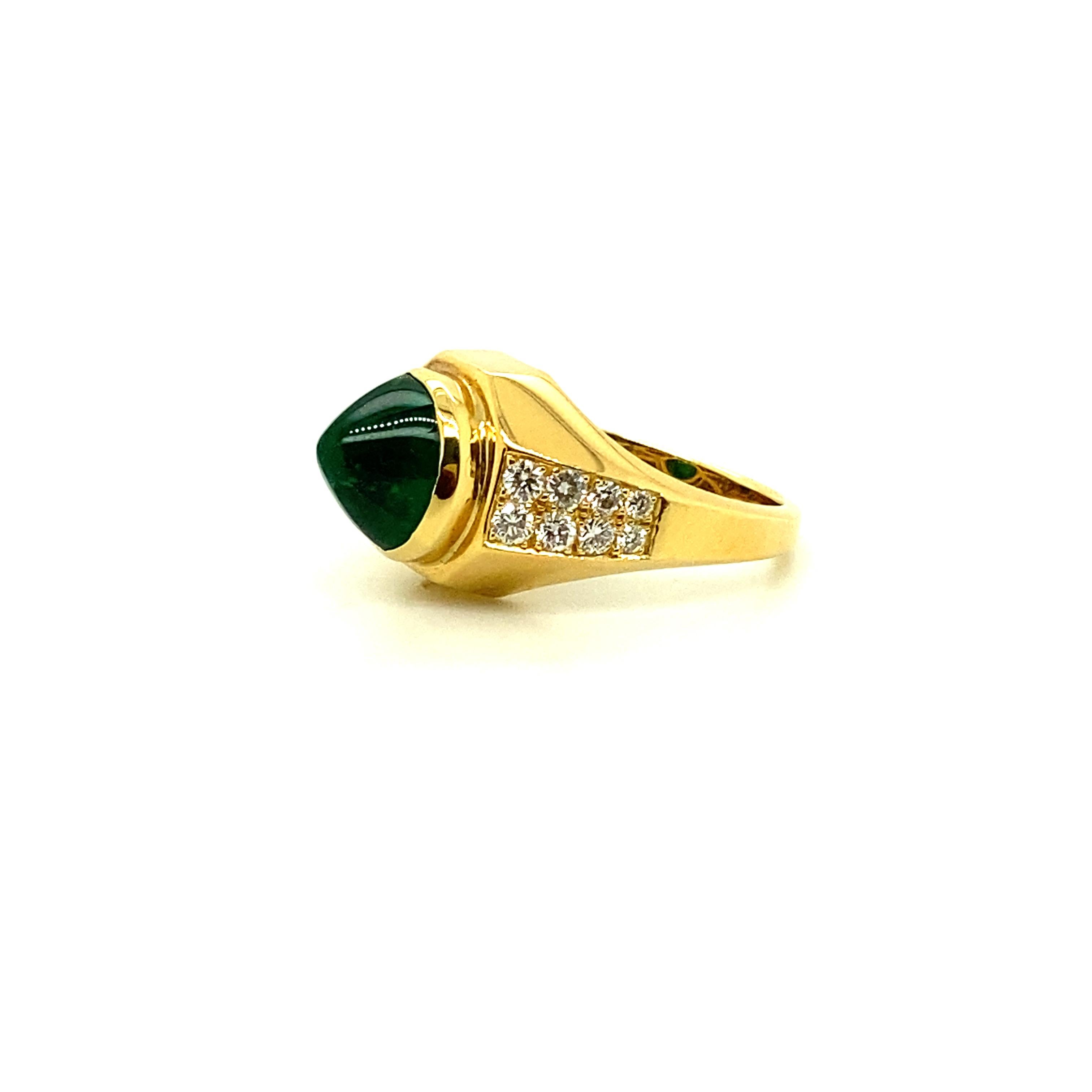 Sugarloaf Cabochon 1960s Bulgari GRS Certified Vivid Green Sugarloaf Emerald and White Diamond Ring