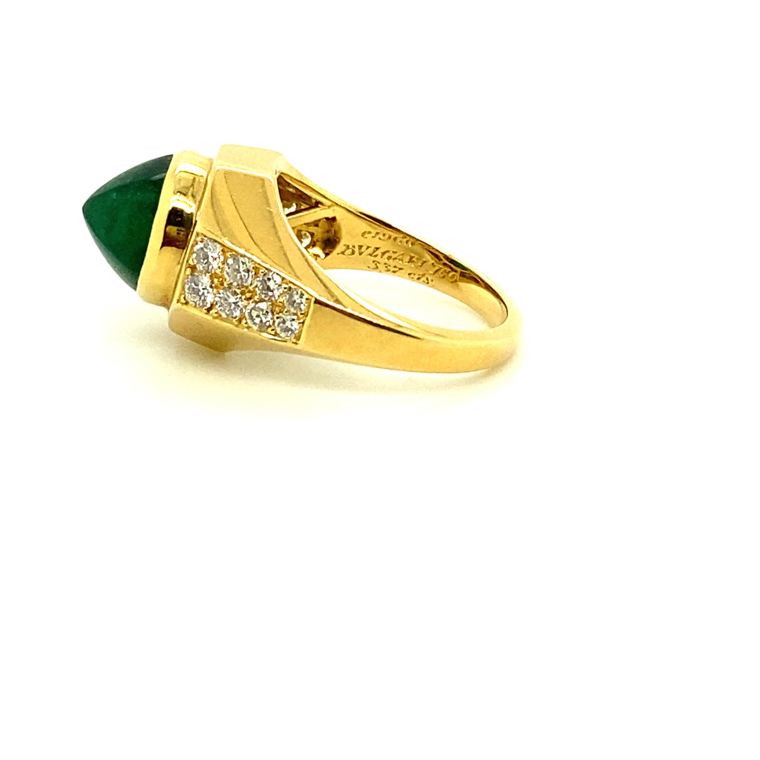 Women's or Men's 1960s Bulgari GRS Certified Vivid Green Sugarloaf Emerald and White Diamond Ring