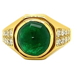 1960s Bulgari GRS Certified Vivid Green Sugarloaf Emerald and White Diamond Ring