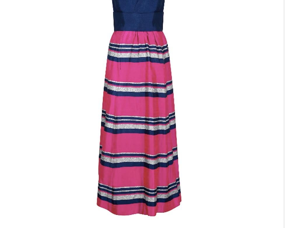 1960s By Roter Navy Blue Pink and Silver Banded Dress In Excellent Condition For Sale In London, GB